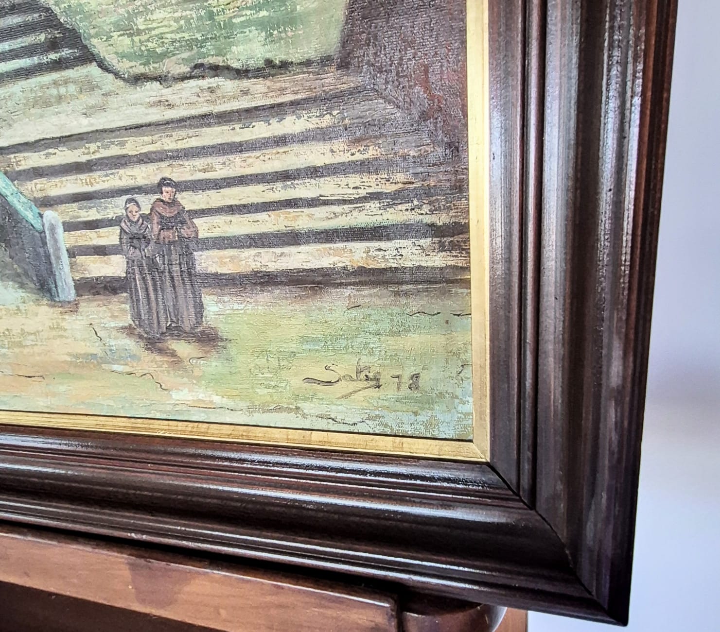 Quadro com pintura óleo sobre tela, inspirado na obra clássica européia do pintor Ettore Roesler Franz (séc XIX) chamada Palazzo Borgia.  Pintada por Saty em 1978.