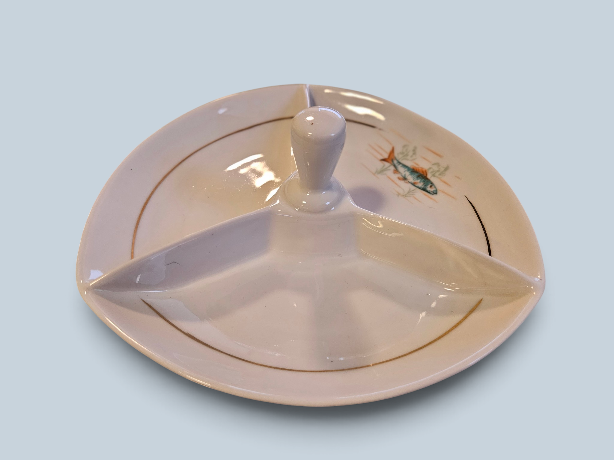 Petisqueira Tripla Vintage Porcelana Schmidt - Estampa Peixe e Filete de Ouro