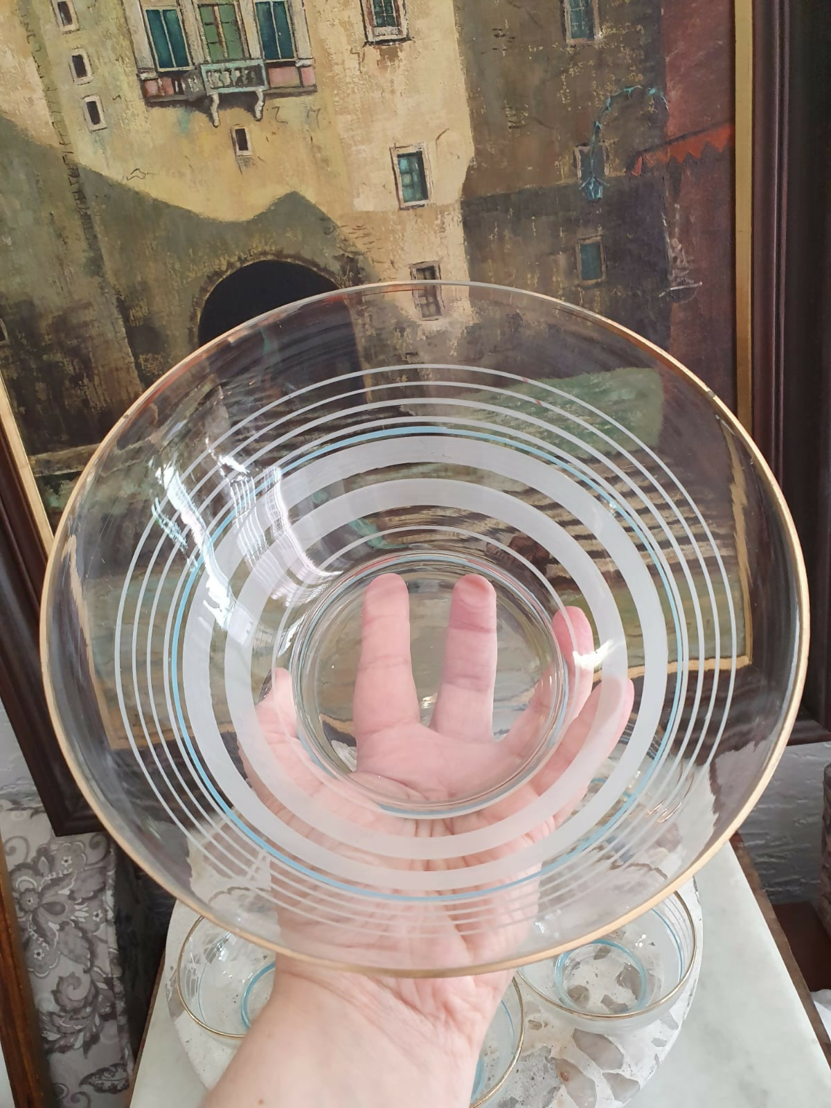 Conjunto para sobremesa com 7 peças em vidro anos 50, impecáveis. Maravilhoso!