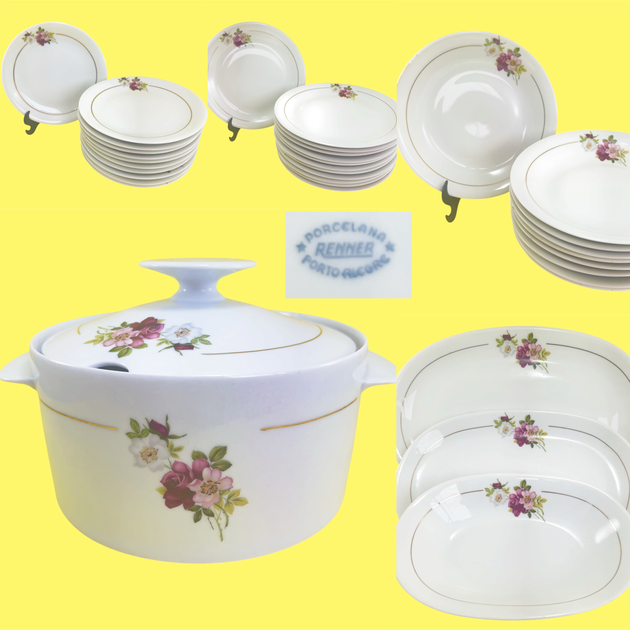 Jogo de jantar Porcelana Renner com motivos florais 
