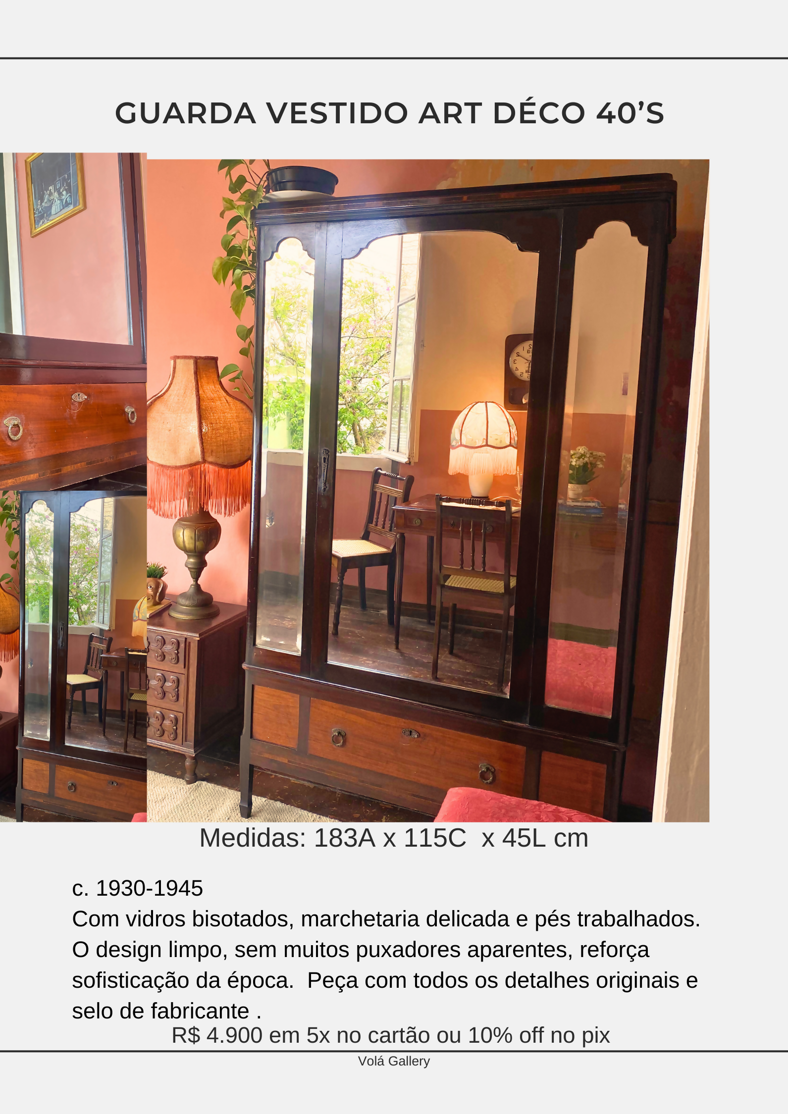 Guarda Vestido Art Déco 40s com Marchetaria e vidros bisotados