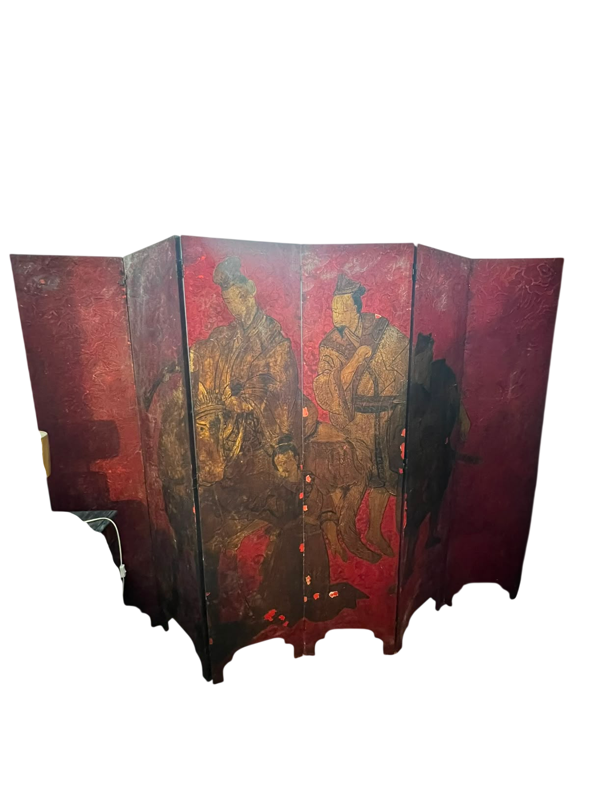 Biombo Oriental 6 Folhas Pintado À Mão. em Laca Vermelha - Duas Faces Decoradas