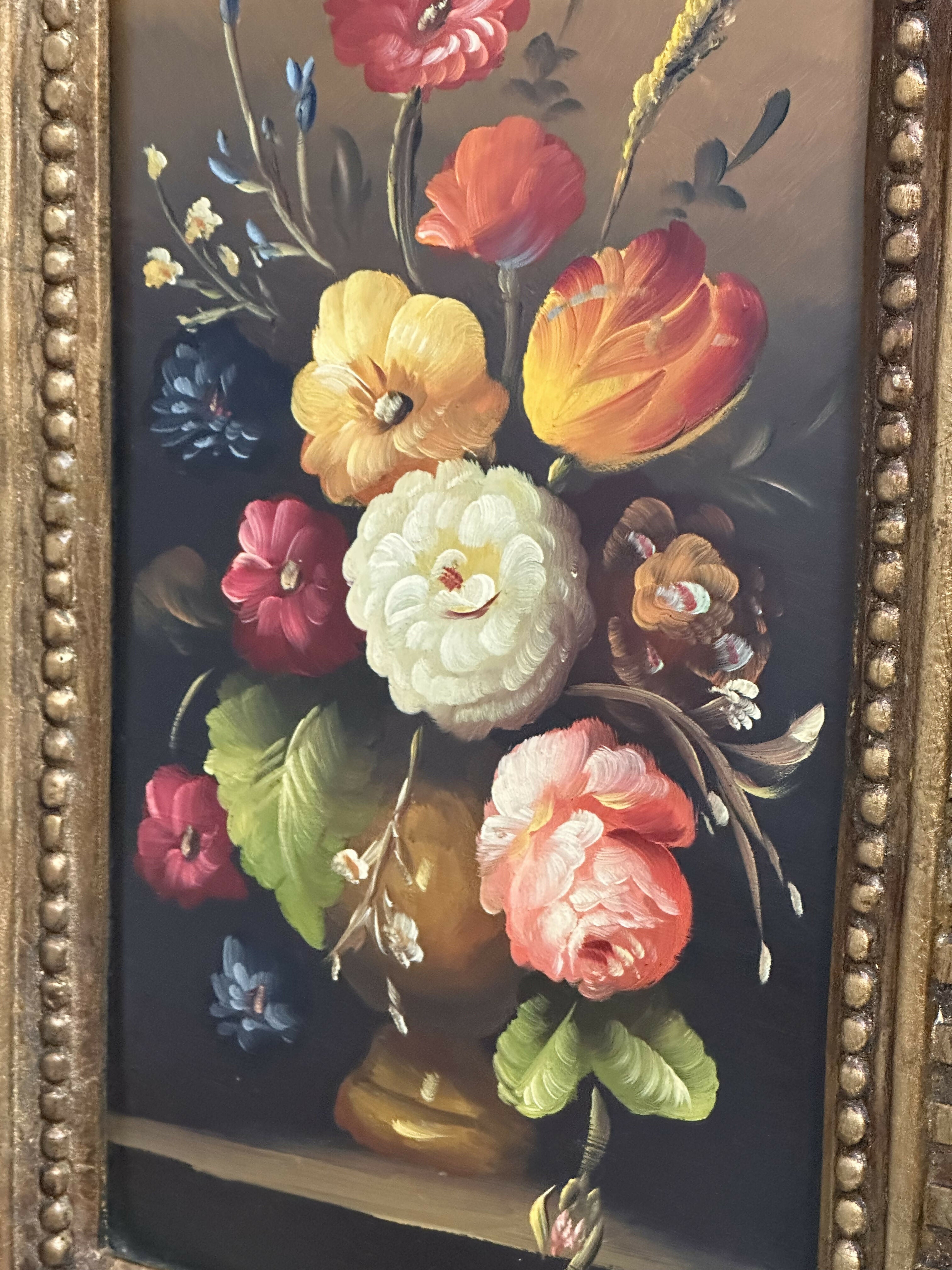Exuberante quadro antigo ao estilo barroco clássico com pintura “natureza morta” em óleo sobre madeira