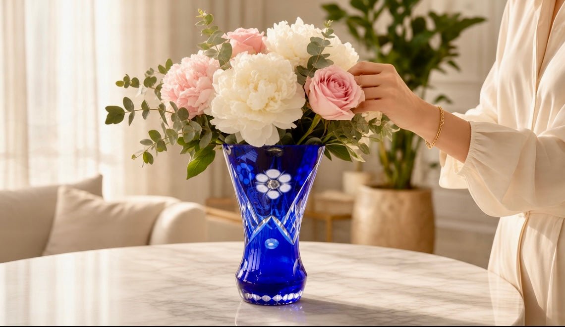 Maravilhoso Vaso Cristal Doublé Tcheco Azul Lapidado À Mão Década 1960