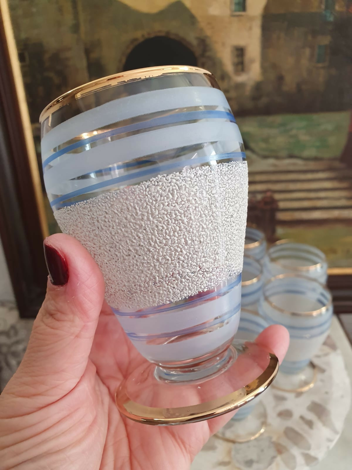 Conjunto incrível para refresco com 1 jarra e 6 copos, em vidro anos 50, maravilhoso!