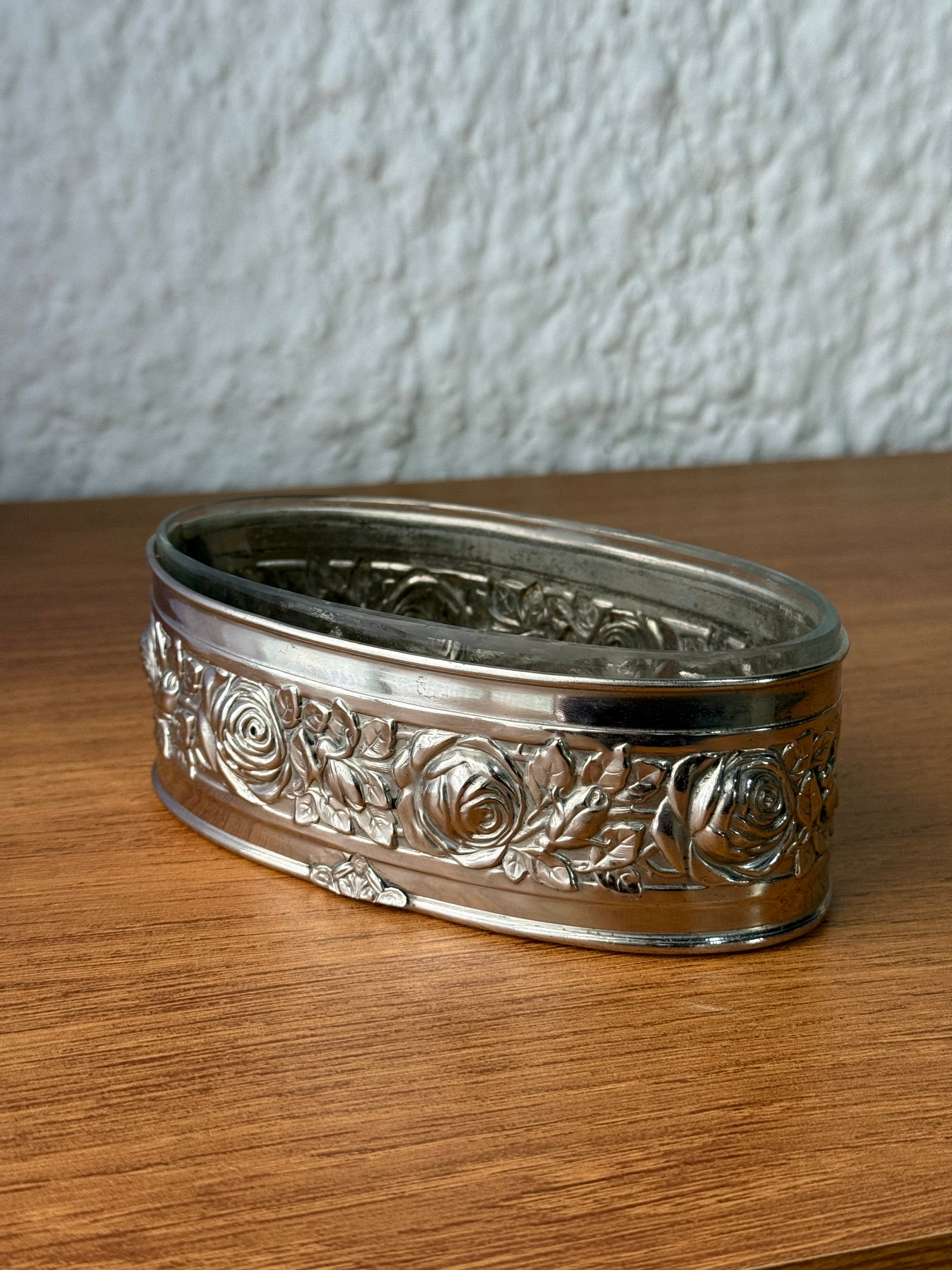 Porta-Joias / Centro de Mesa em Vidro e Metal Prateado Floral