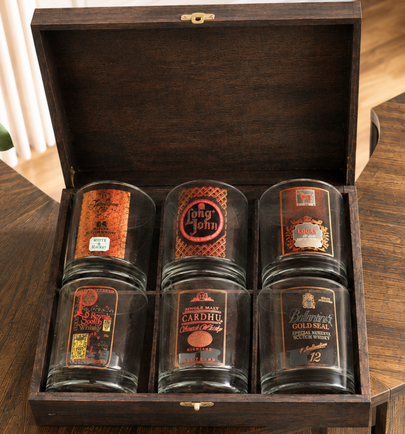 Conjunto 6 copos de Whisky com caixa de madeira