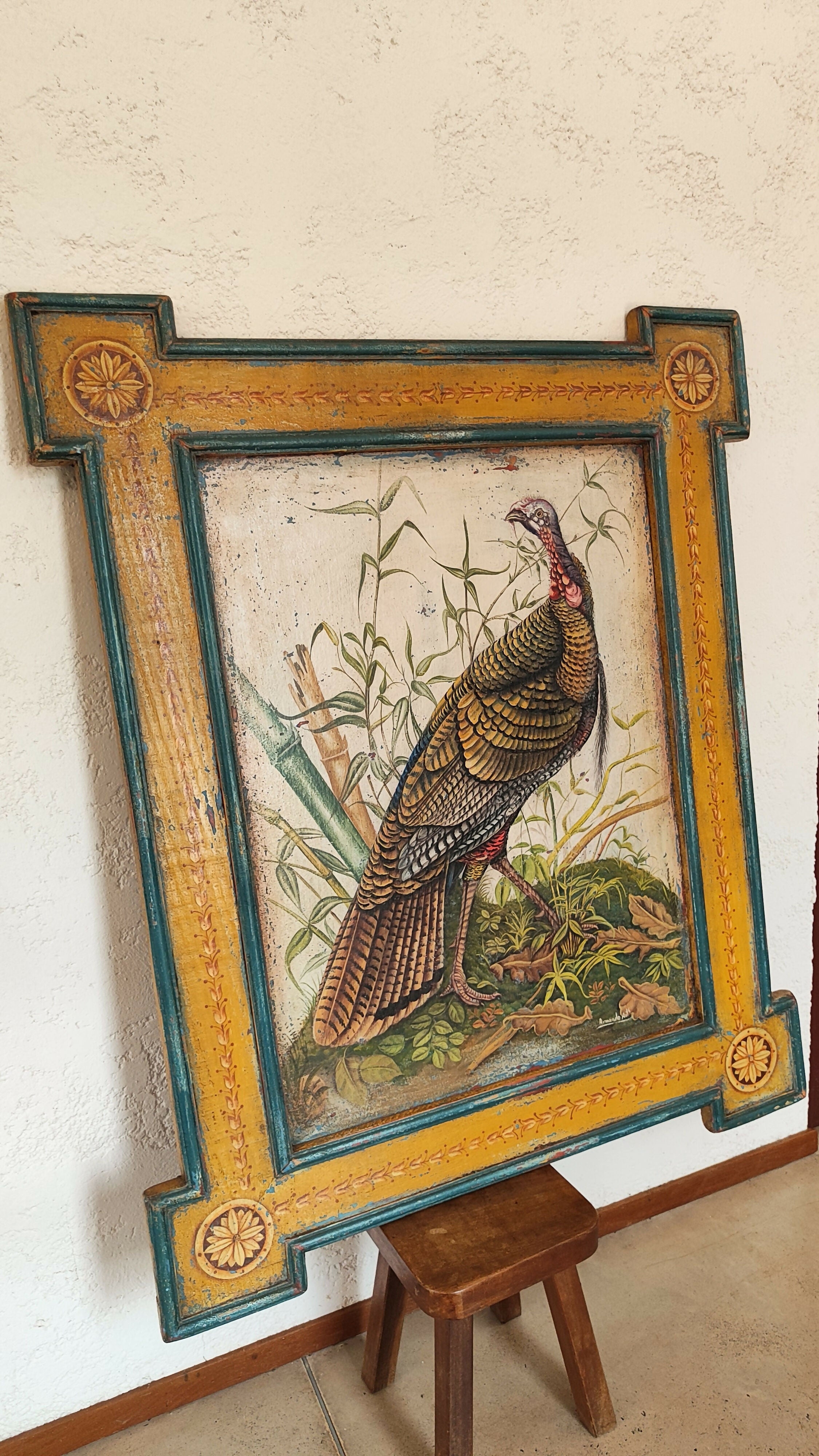 Quadro óleo sobre madeira com imagem de Peru Selvagem