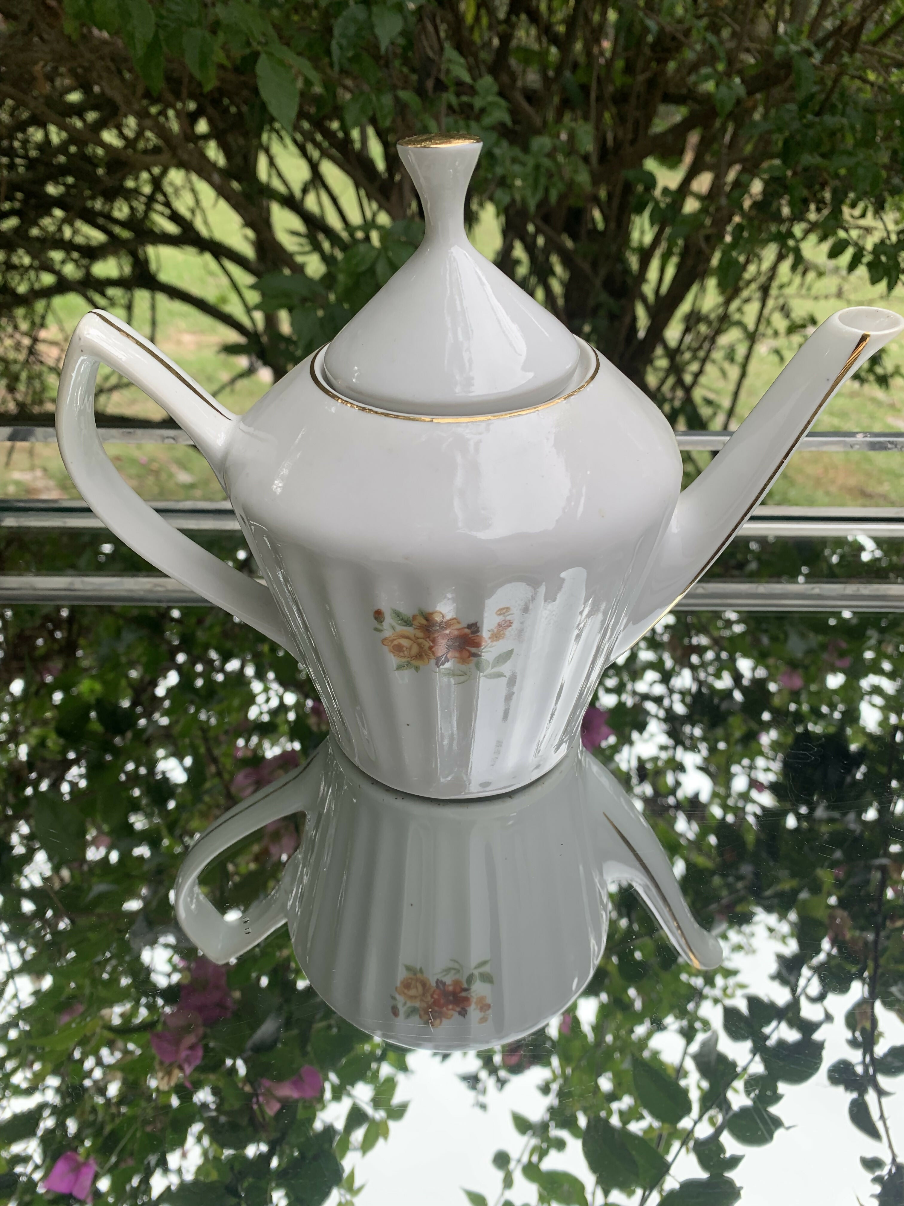 Bule antigo porcelana Pozzani flores laranja