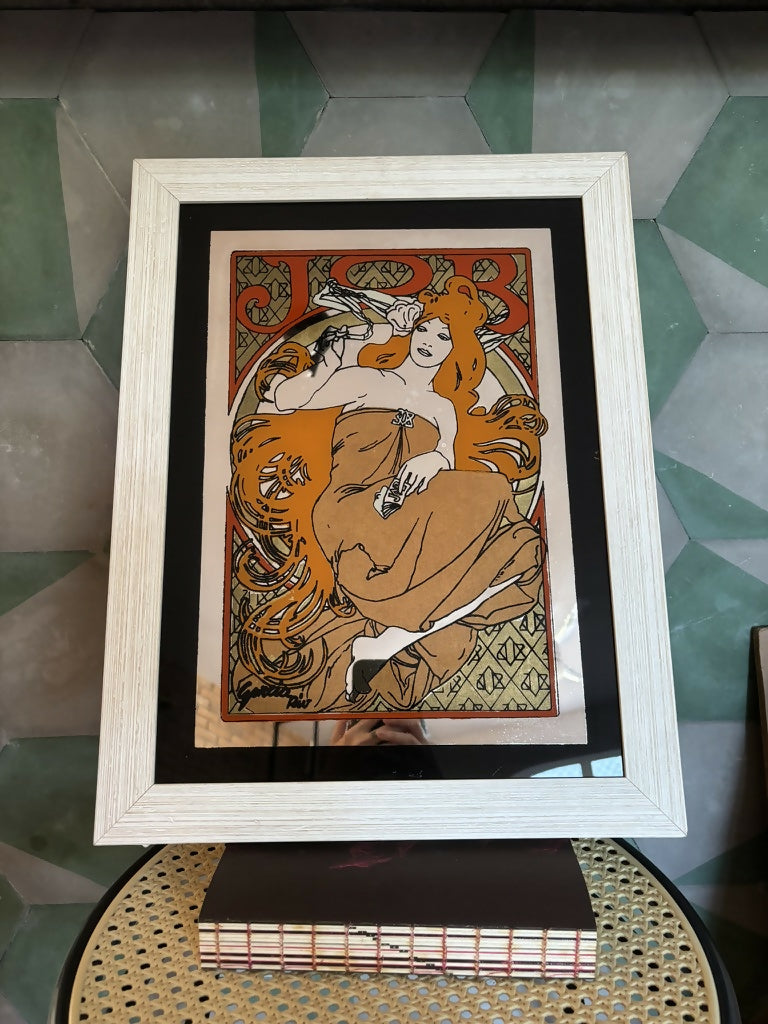 Quadro Espelhado com serigrafia da obra job, de Alphose Mucha