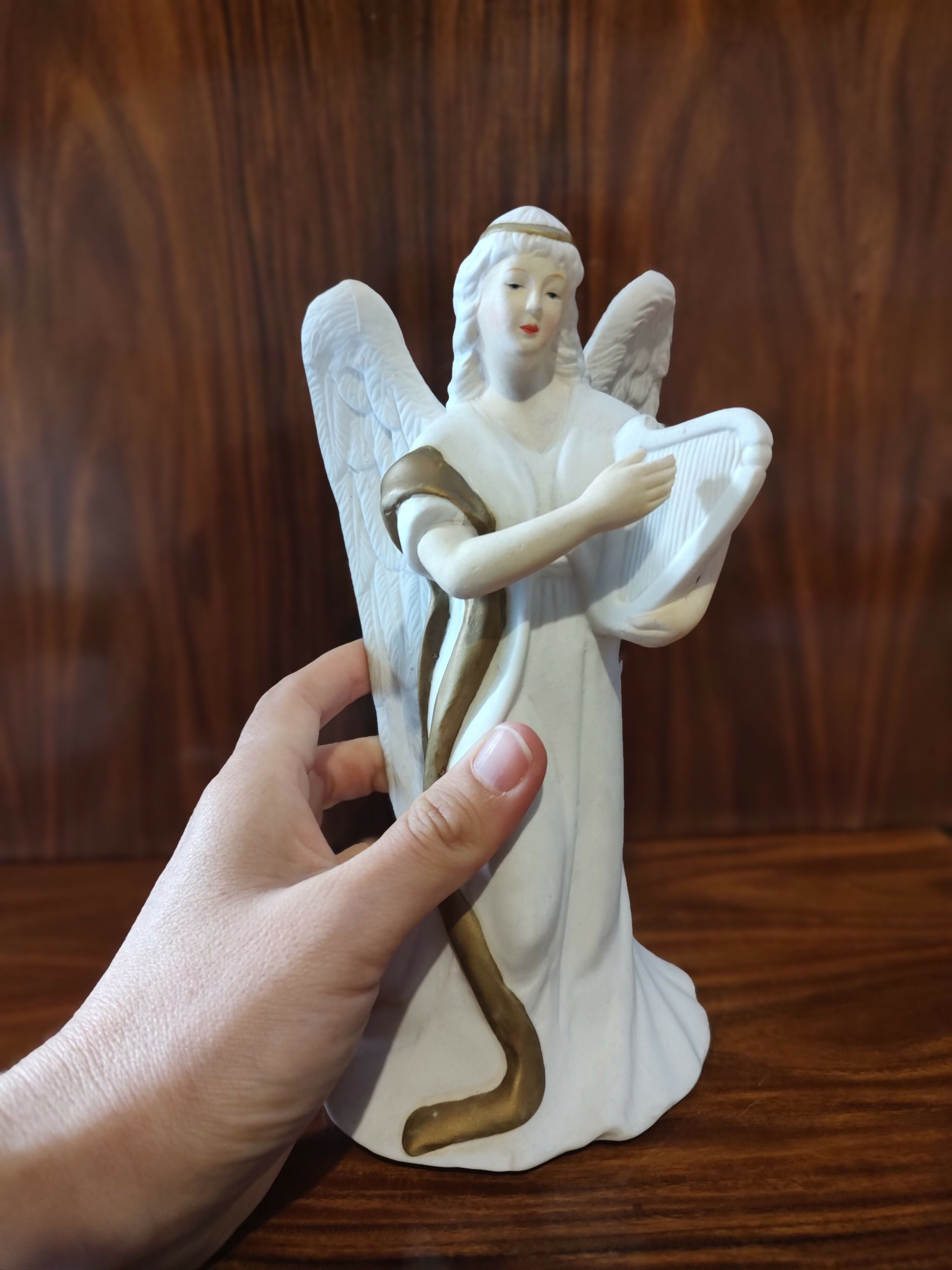 Antiga Luminária de Anjo com Harpa em Porcelana Biscuit - anos 90