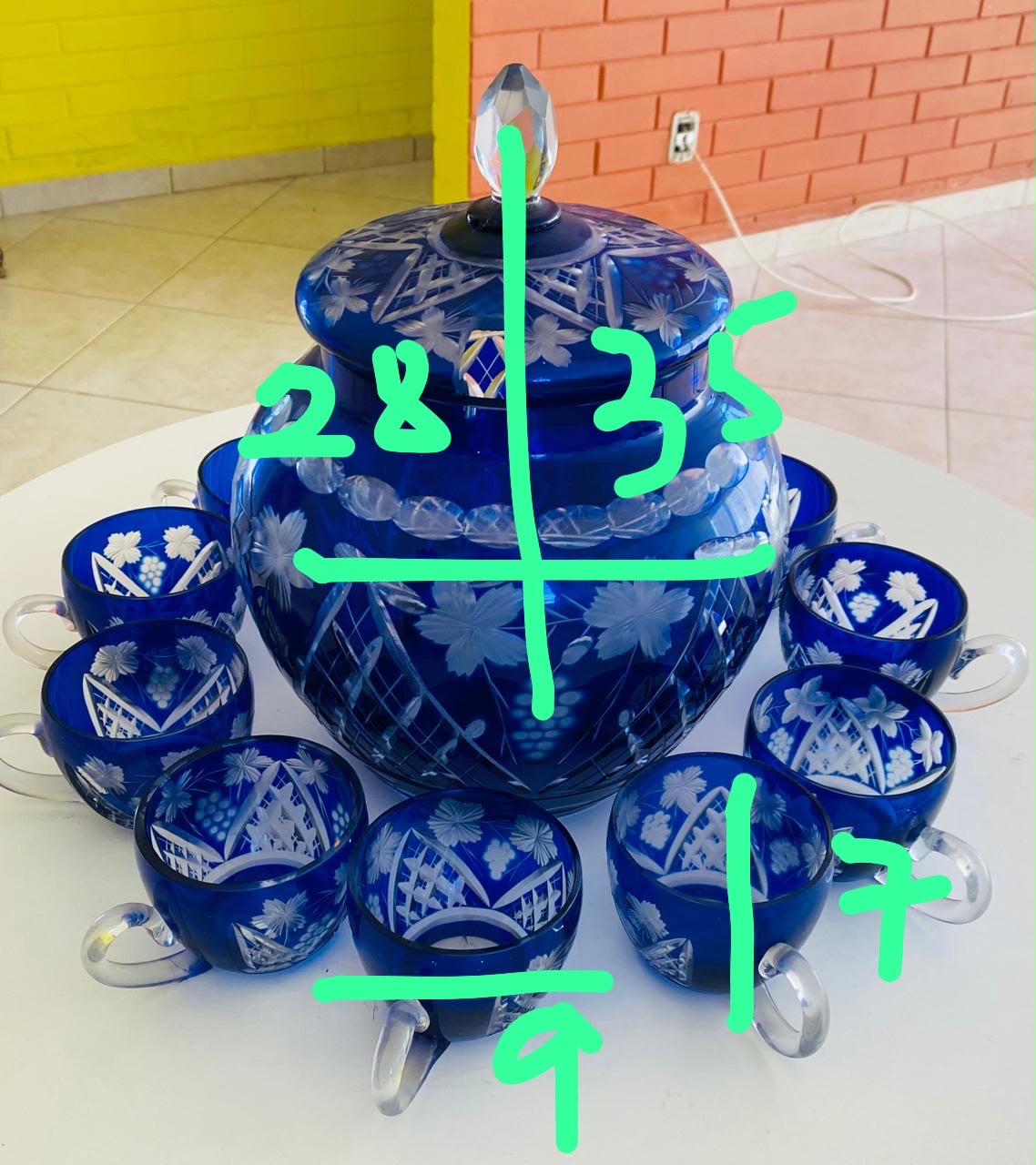 Poncheira de Cristal azul com 8 xícaras