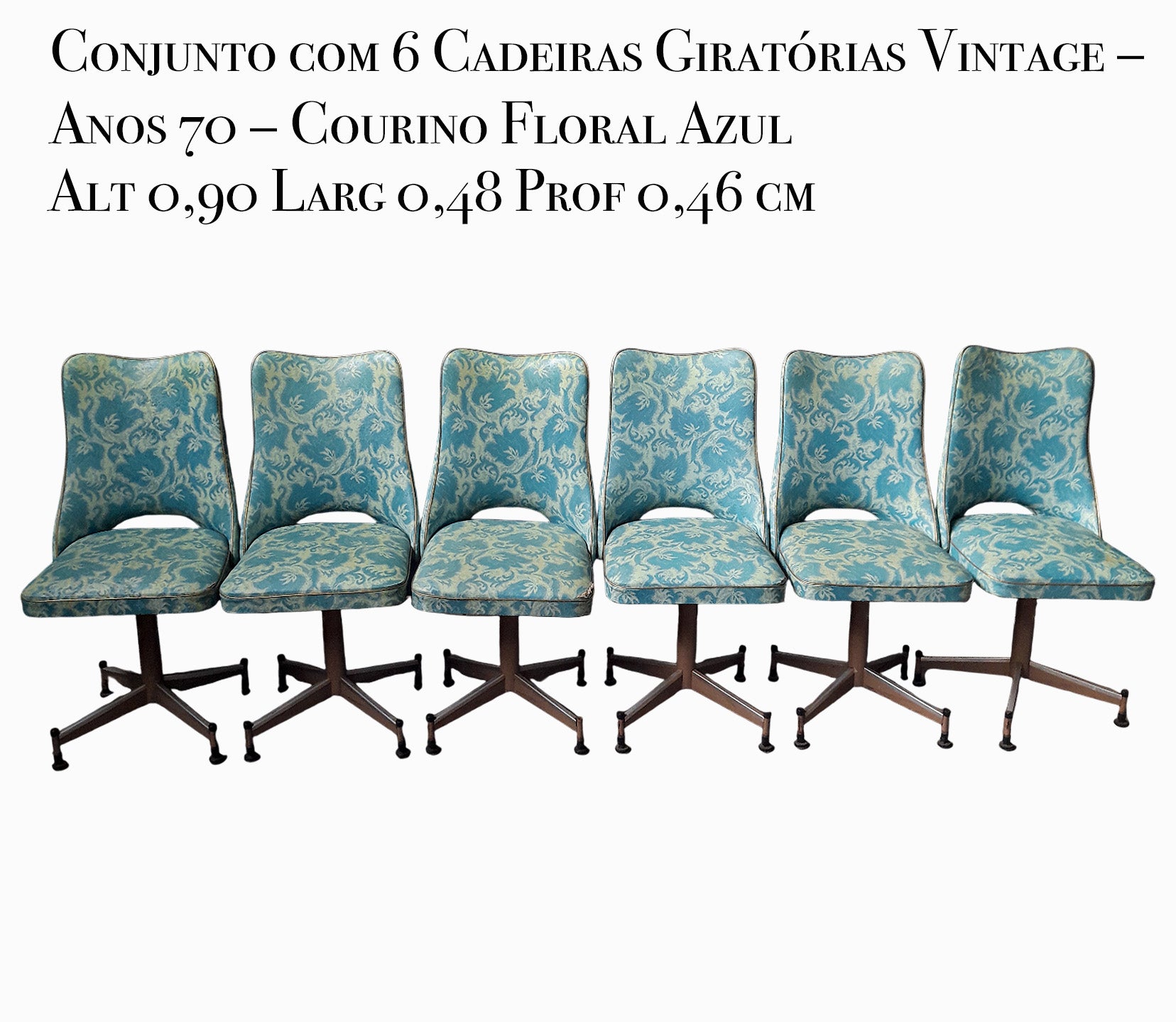 Conjunto com 6 Cadeiras Concha Giratórias Vintage – Anos 70 – Courino Floral Azul