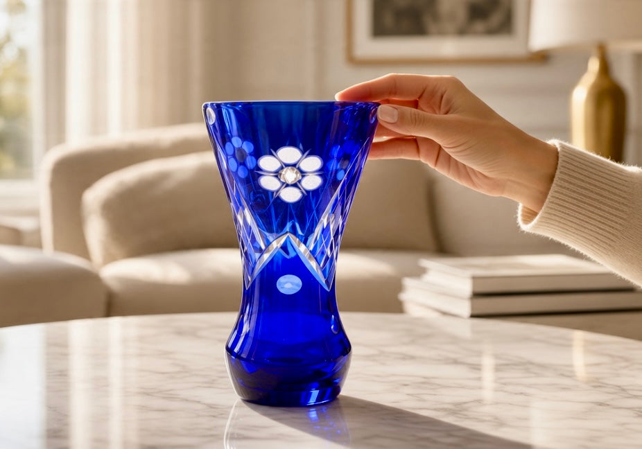 Maravilhoso Vaso Cristal Doublé Tcheco Azul Lapidado À Mão Década 1960