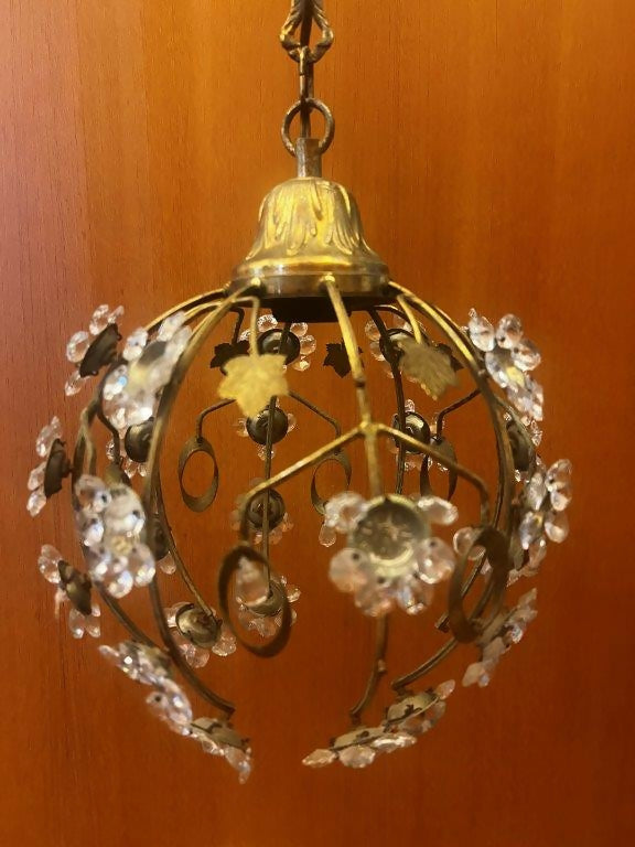 Antigo Lustre pendente bola de metal e cristais