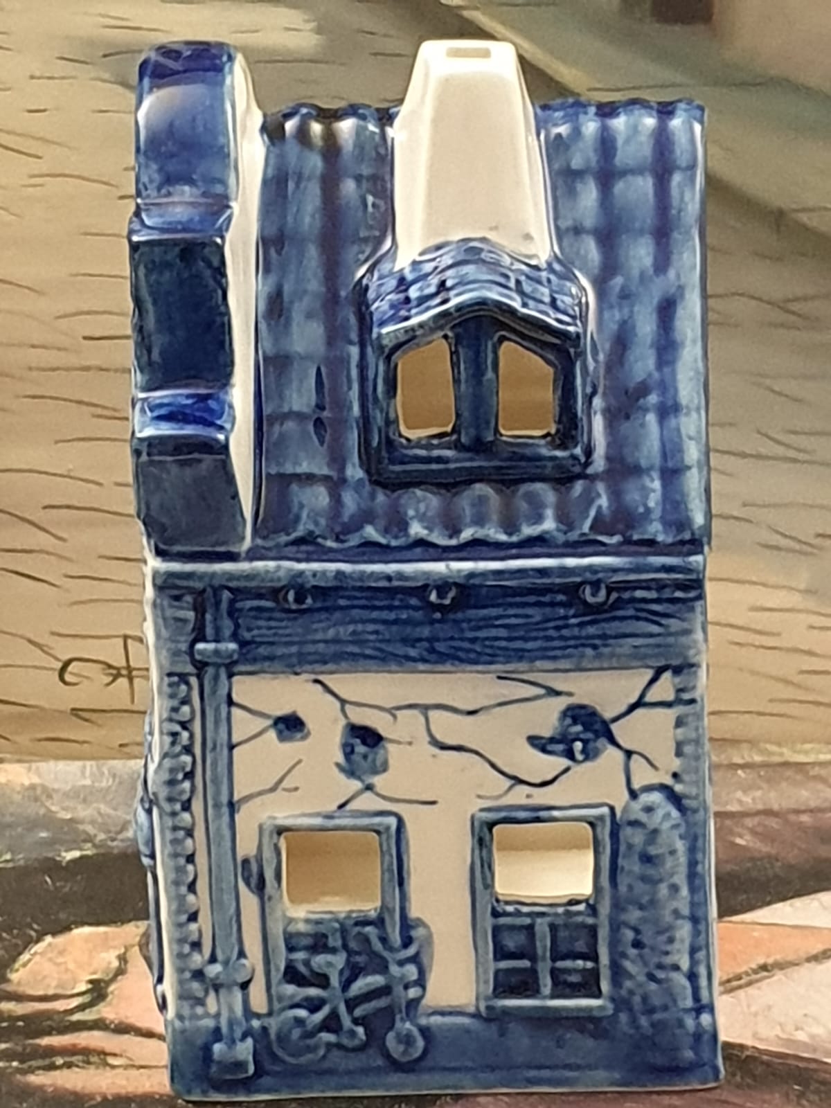 Casinha porta velas em porcelana holandesa azul e branca Delft, prédio de padaria (Bakery), no 1699