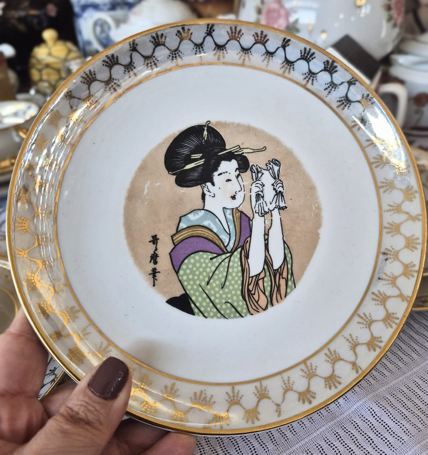  Conjunto de 7 trios em porcelana vintage nacional Condessa com motivos de gueixa