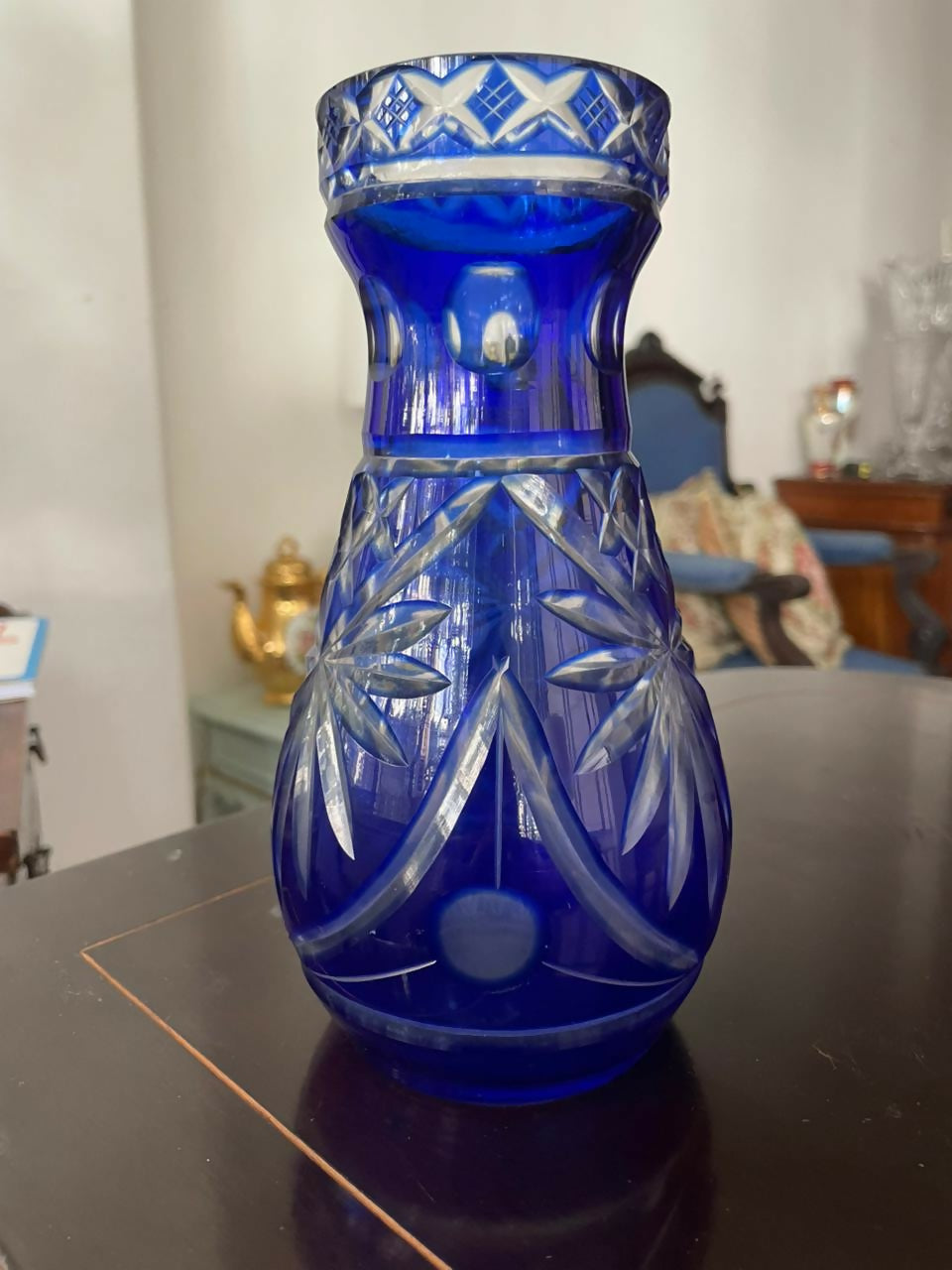 Vaso de cristal double/overlay azul lapidado