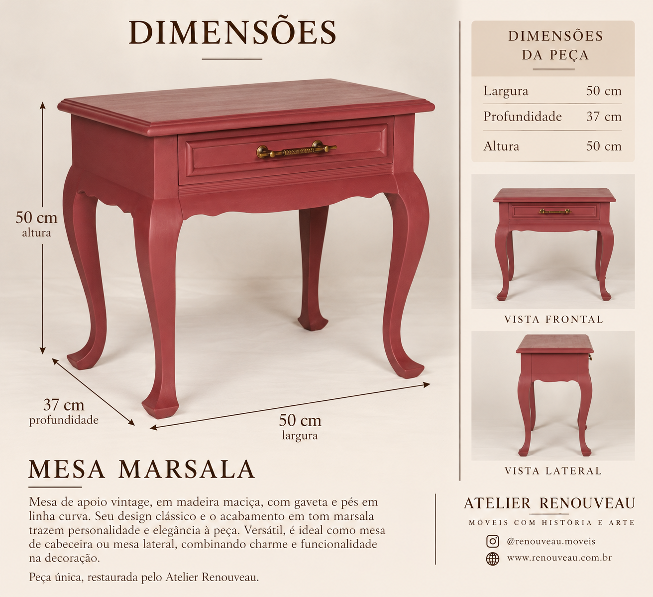 Mesinha de Cabeceira Vintage com Gaveta e Pés Curvos em Tom Marsala