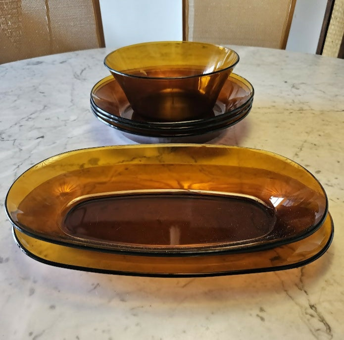 Conjunto Duralex âmbar original – travessas, pratos fundos e saladeira