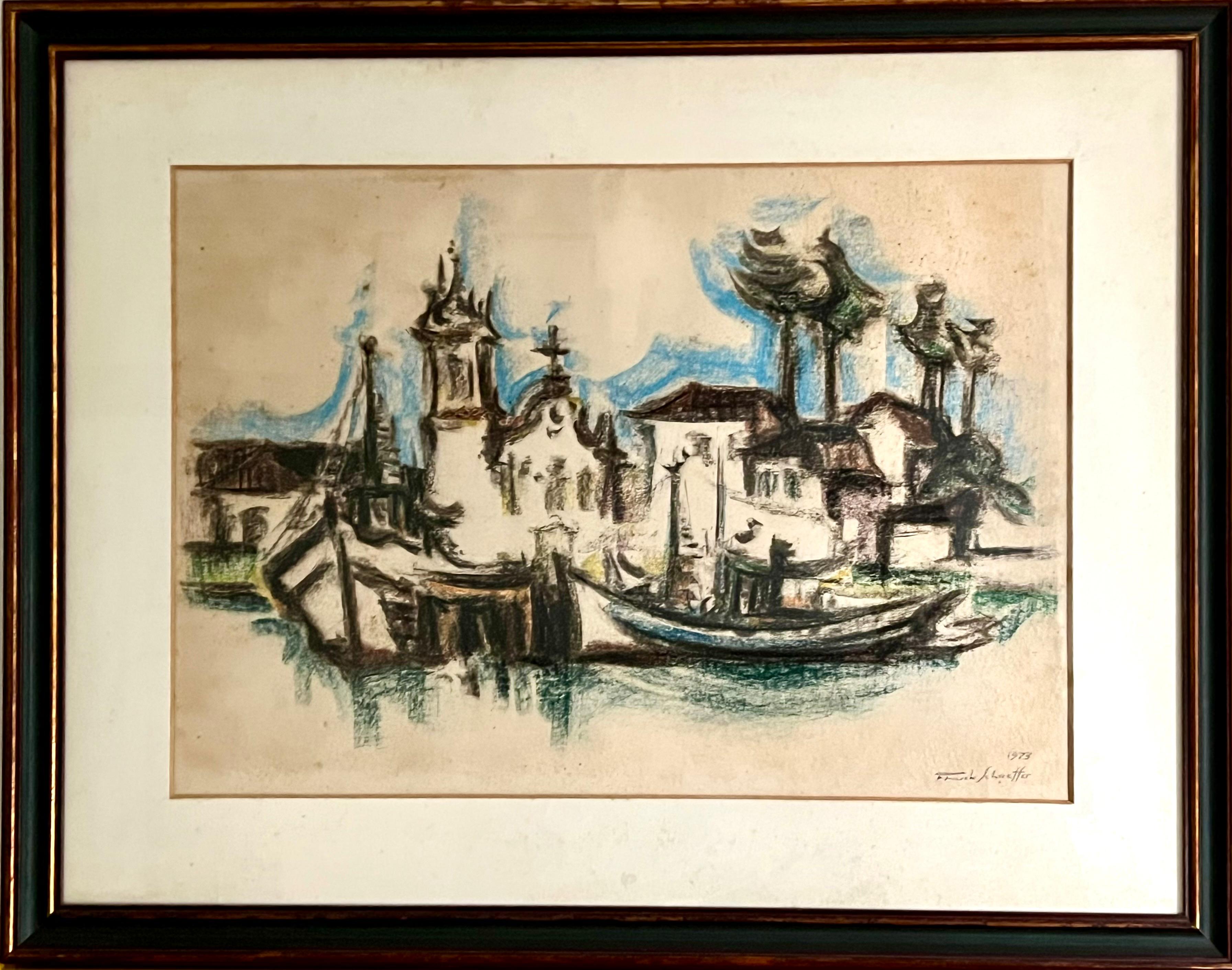 Quadro "Embarcações de Pescadores no Cais e ao Fundo Igreja de Santa Rita de Cássia em Paraty - RJ“ Frank Schaeffer