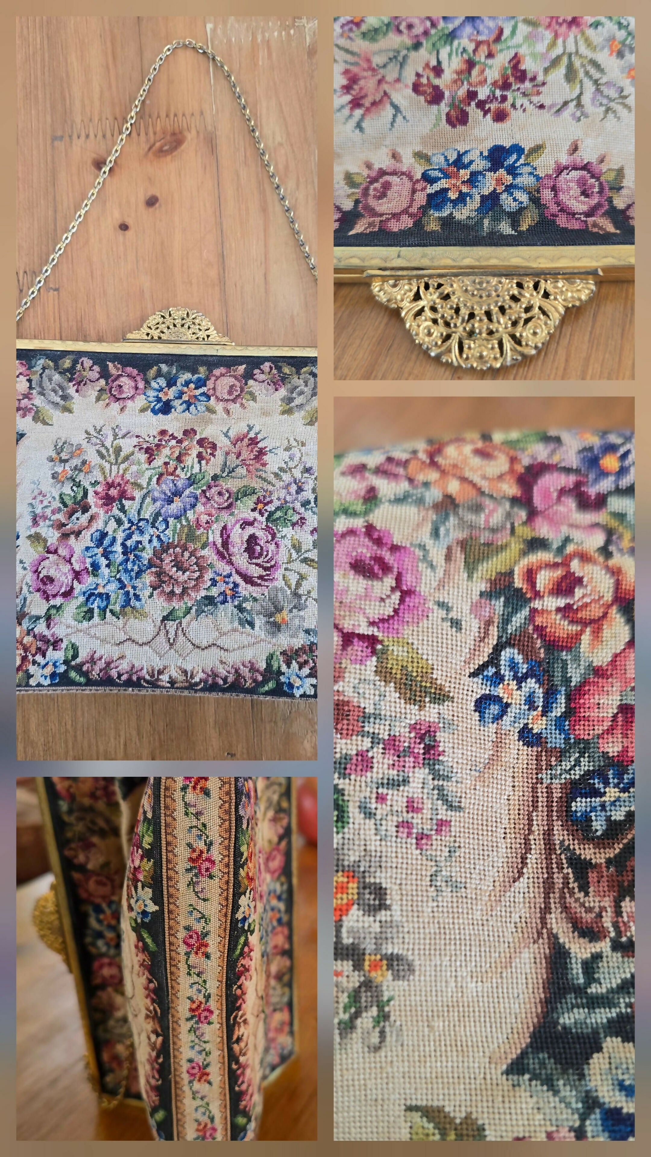 Bolsa de festa com bordado em ponto cruz com motivos florais