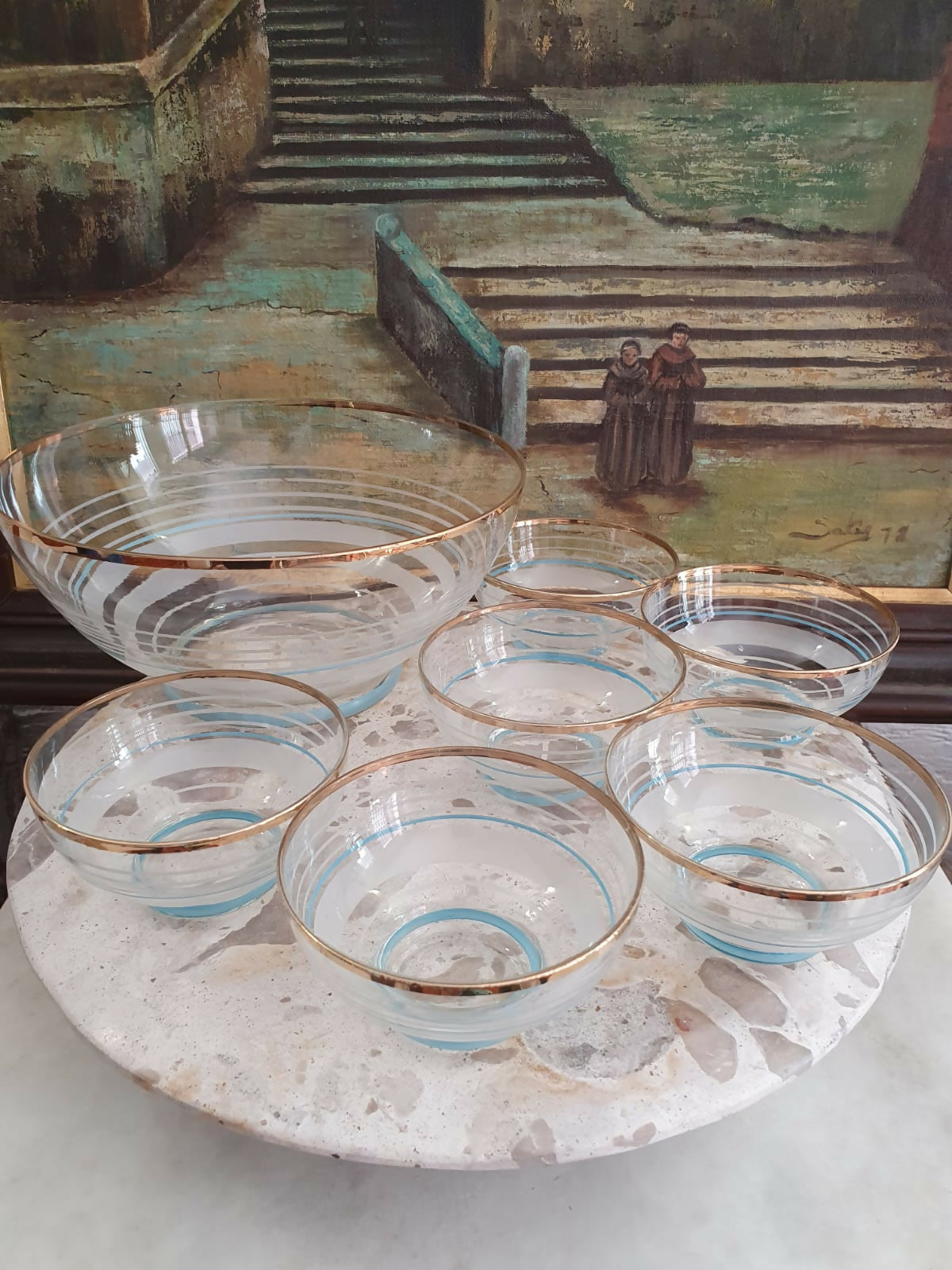 Conjunto para sobremesa com 7 peças em vidro anos 50, impecáveis. Maravilhoso!