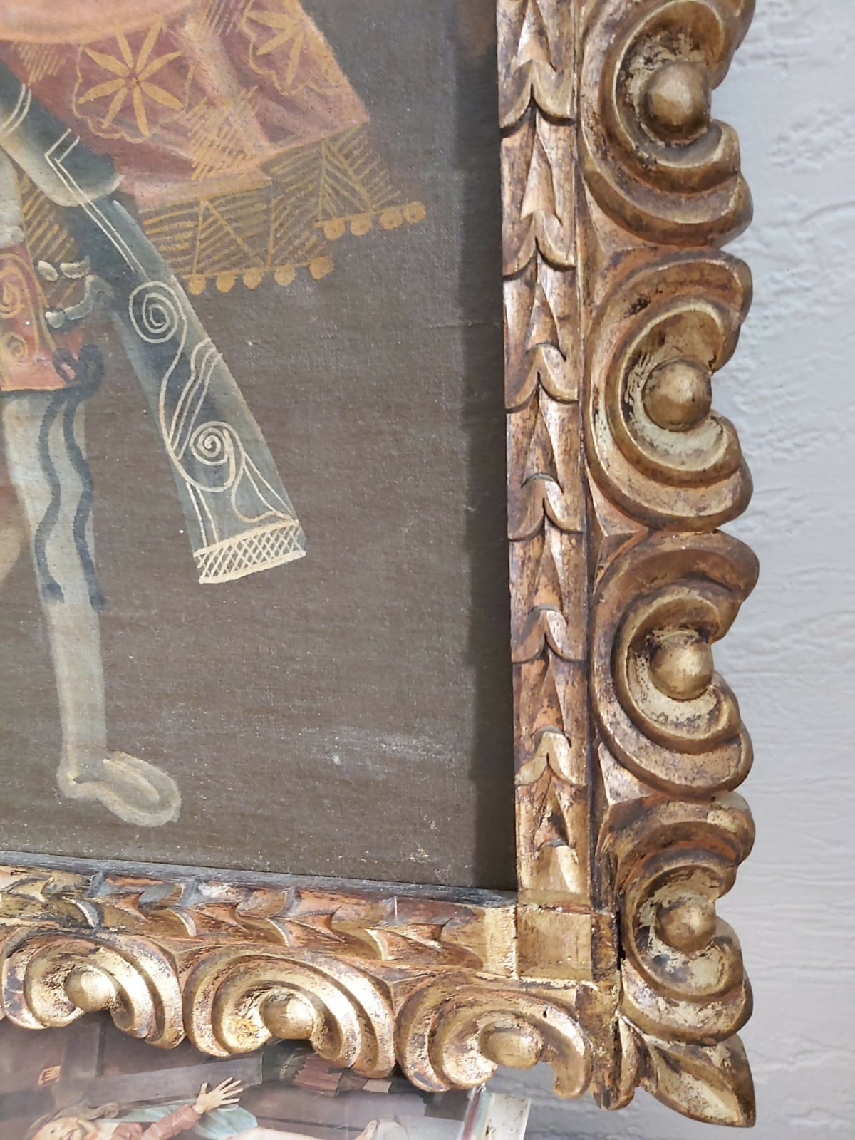 Quadro pintura, óleo sobre tela, representando São Miguel Arcanjo, escola Cusquenha.