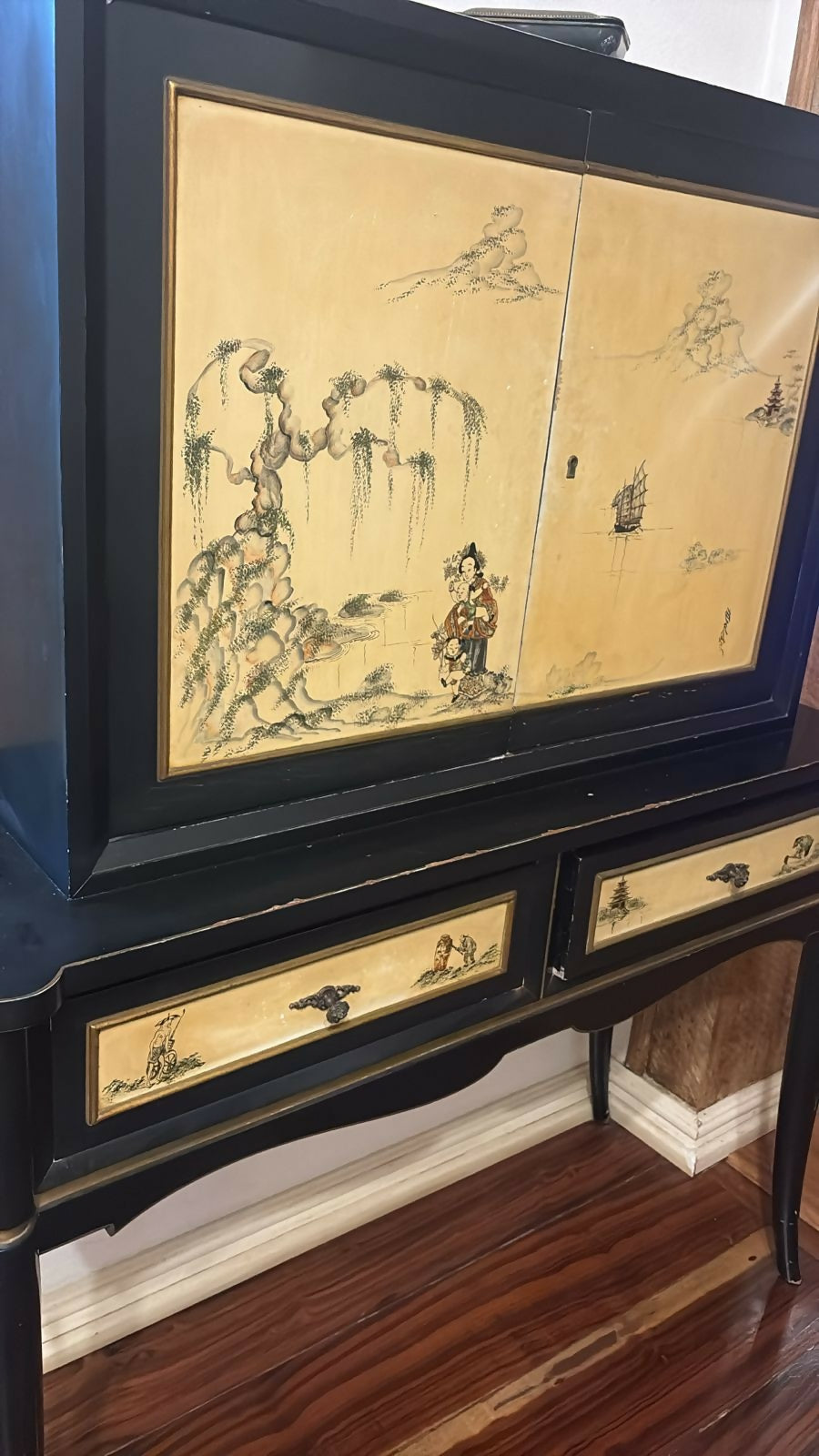 Bar Chinoiserie Anos 50 em laca preta - Art Déco-Oriental