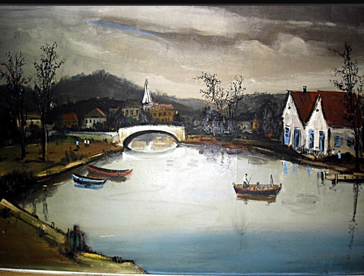 Quadro Óleo sobre tela de Sylvio Pinto retratando paisagem com Rio Sena