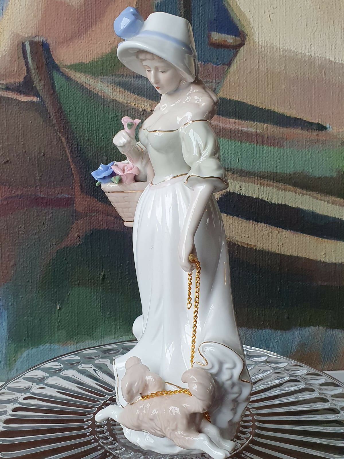 Escultura em porcelana vintage espanhola Lladró representando Dama com Cachorro. Lindíssima e intacta!
