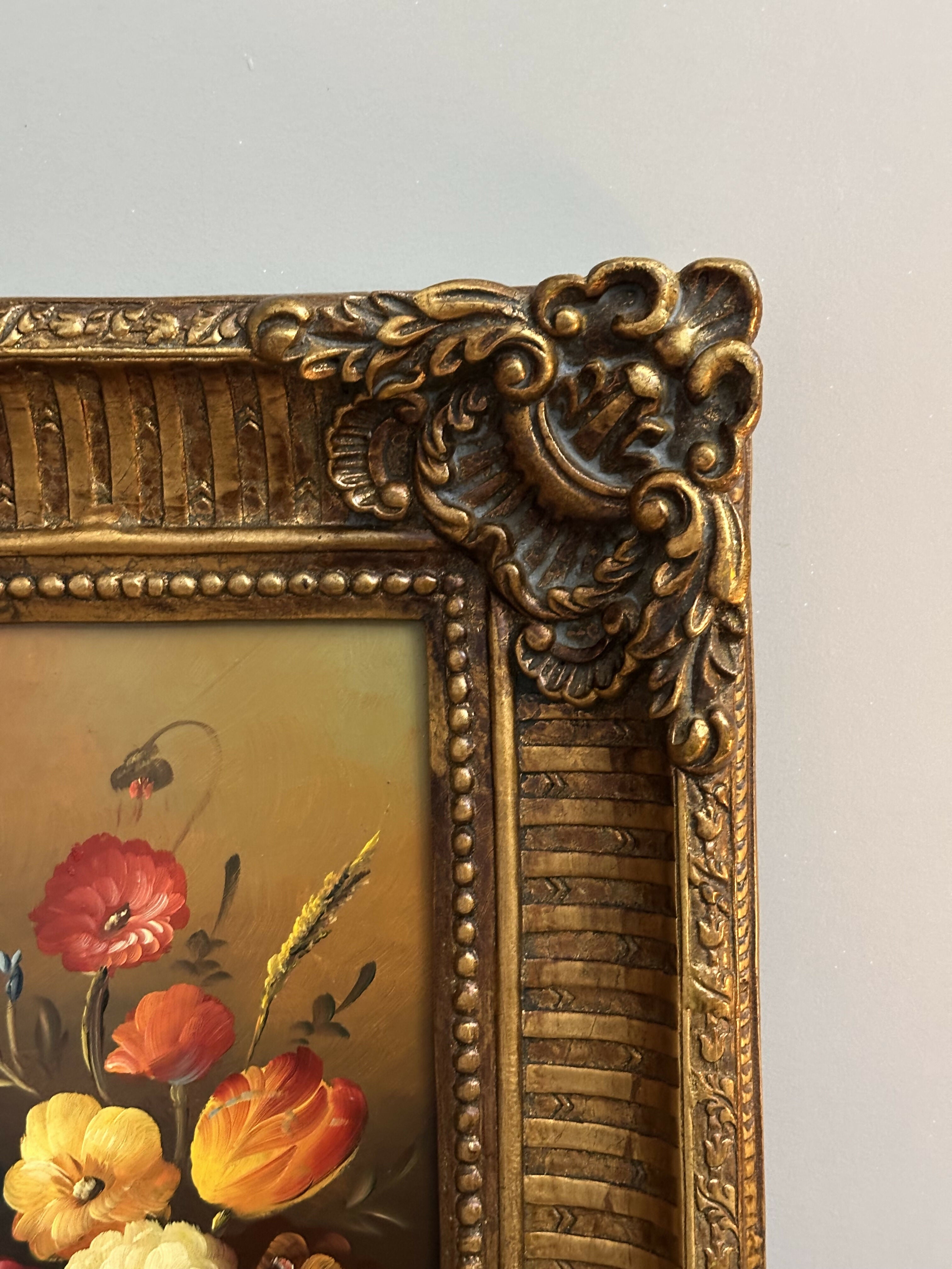Exuberante quadro antigo ao estilo barroco clássico com pintura “natureza morta” em óleo sobre madeira
