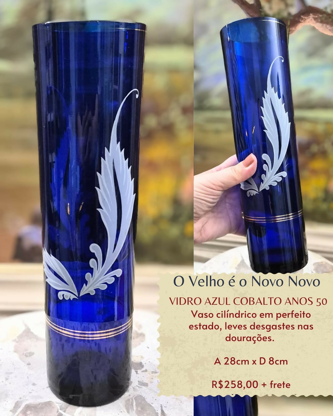 Vaso em vidro, anos 50, azul cobalto cilíndrico. Lindo!