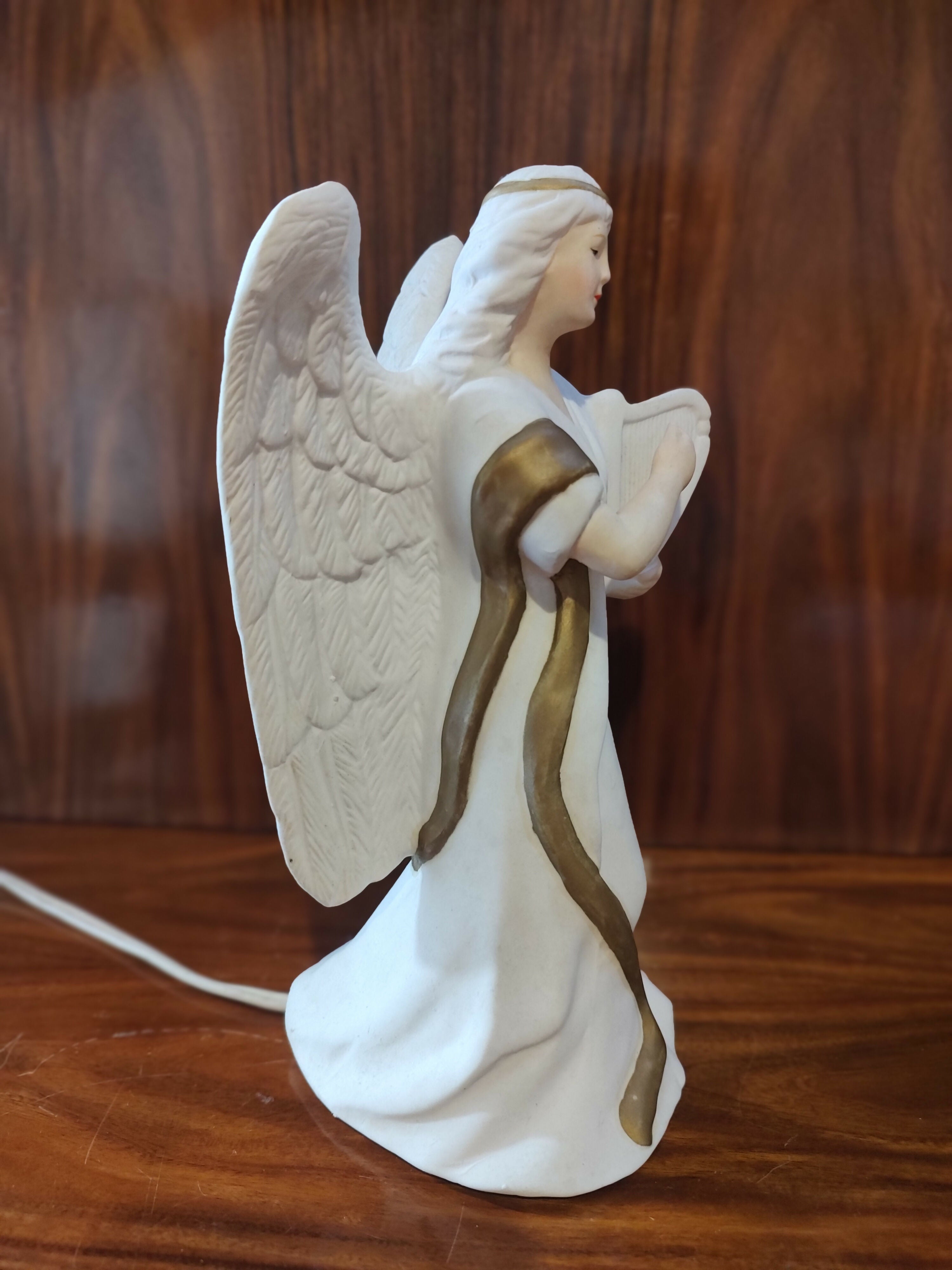Antiga Luminária de Anjo com Harpa em Porcelana Biscuit - anos 90
