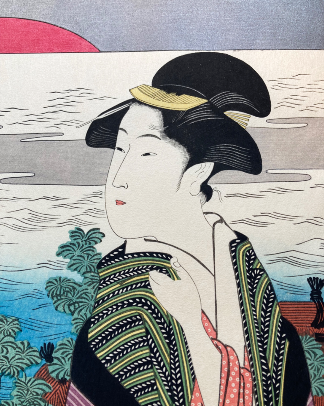 Xilogravura japonesa (Ukiyo-e) de Eishosai Choki "Primeiro nascer do sol do Ano Novo" (Hatsuhinode) - Autêntica