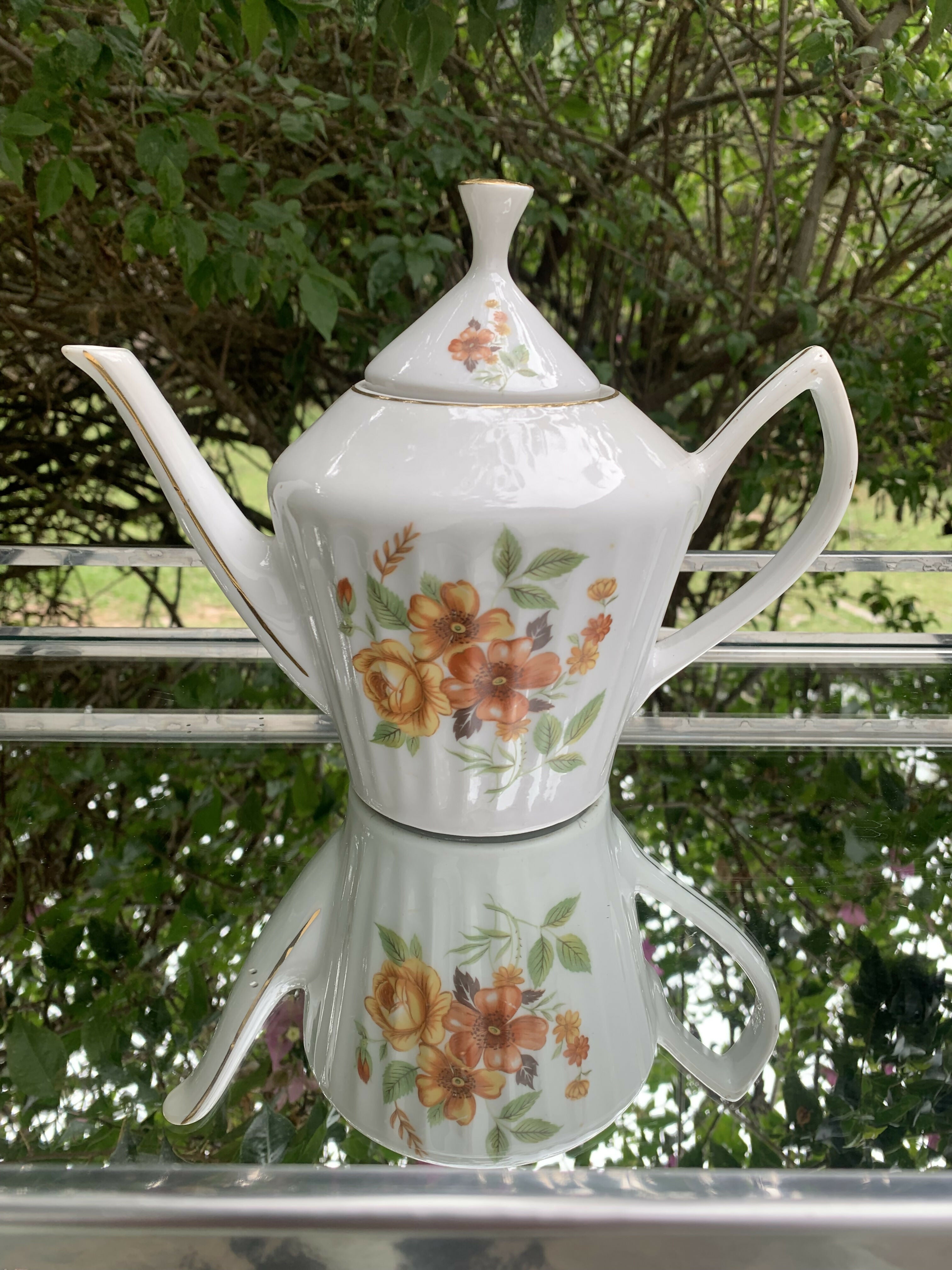 Bule antigo porcelana Pozzani flores laranja