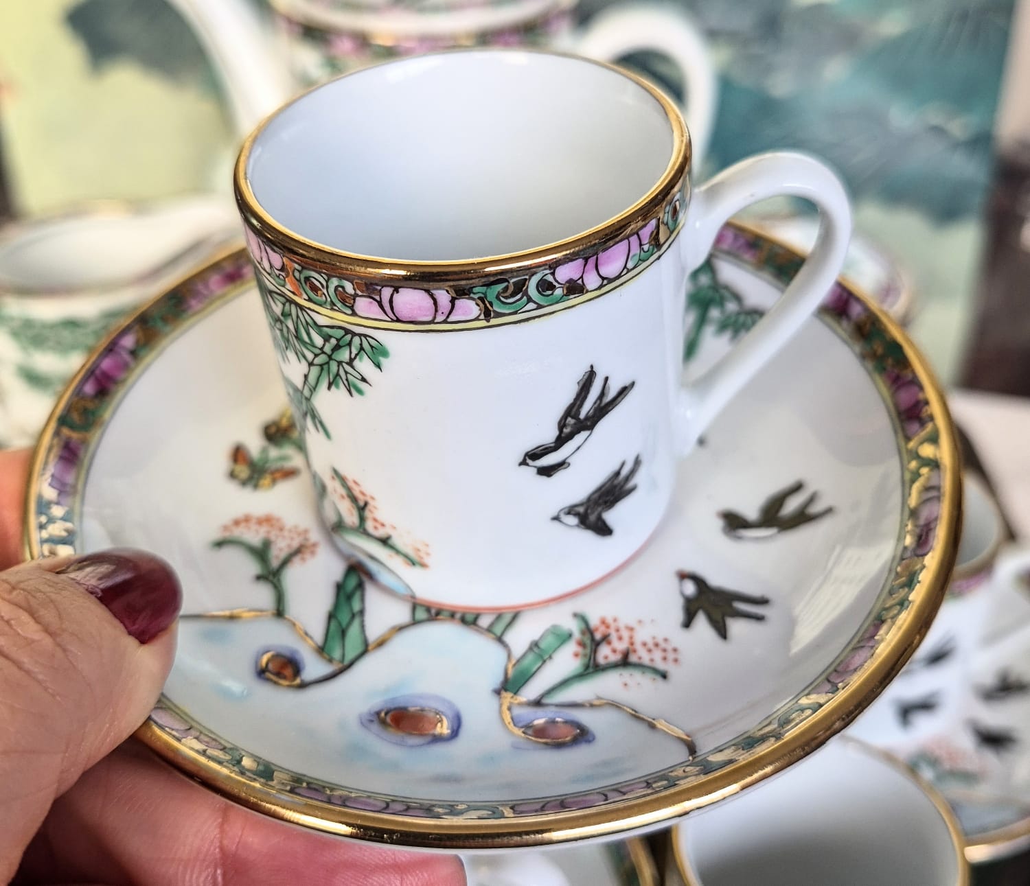 Conjunto para café em porcelana vintage chinesa Guancai, anos 60. Perfeito estado!