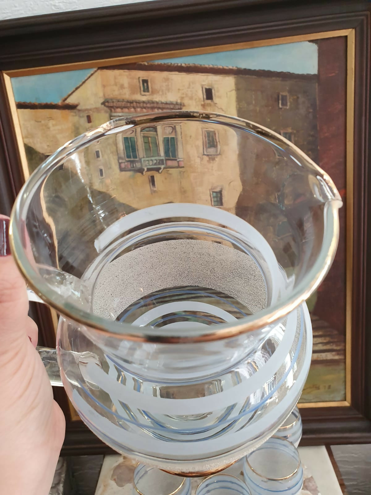 Conjunto incrível para refresco com 1 jarra e 6 copos, em vidro anos 50, maravilhoso!