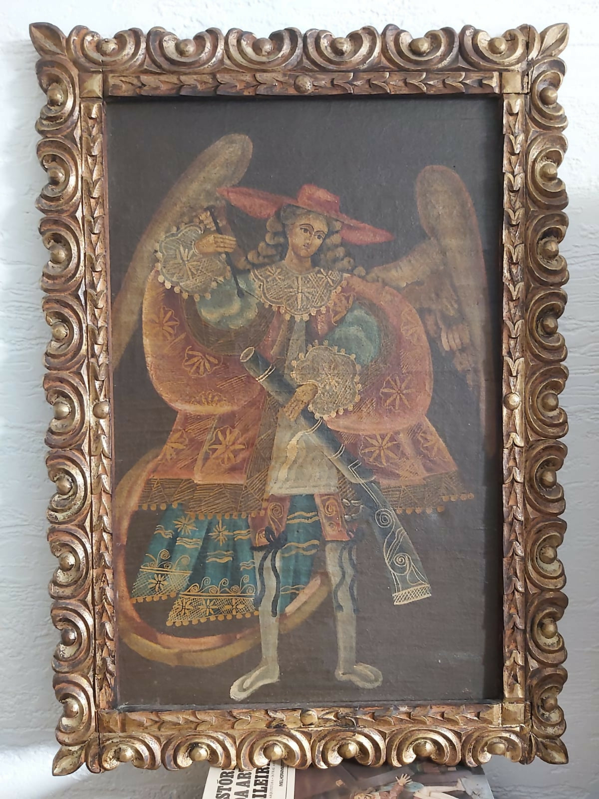 Quadro pintura, óleo sobre tela, representando São Miguel Arcanjo, escola Cusquenha.