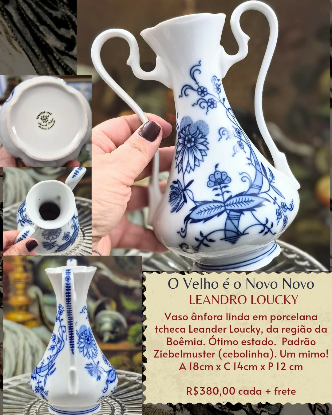 Vaso Ânfora em porcelana tcheca Leander Loucky, padrão cebolinha. Perfeito e lindo!