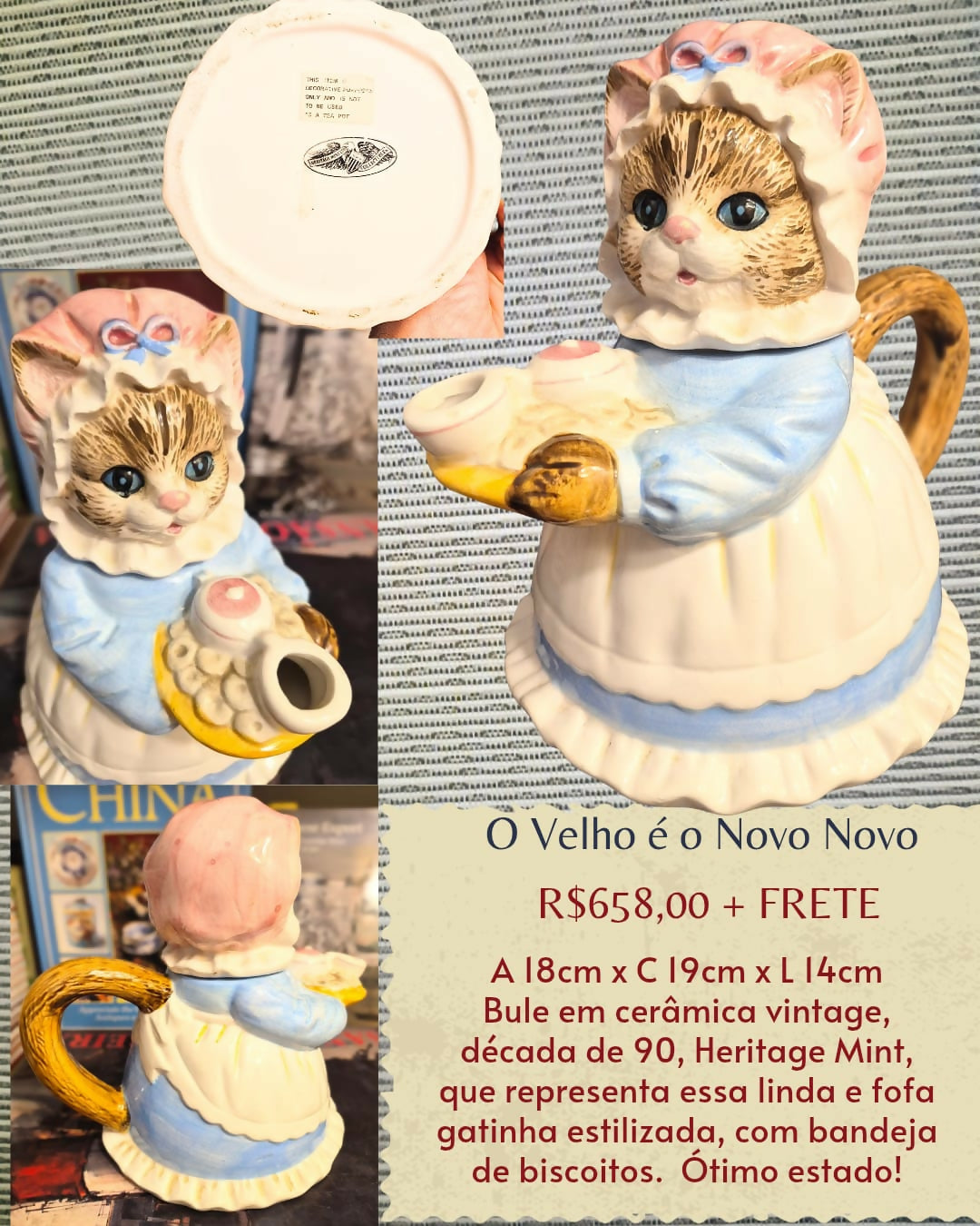 Bule em cerâmica vintage Heritage Mint, anos 90, em forma de gatinha. Uma graça!