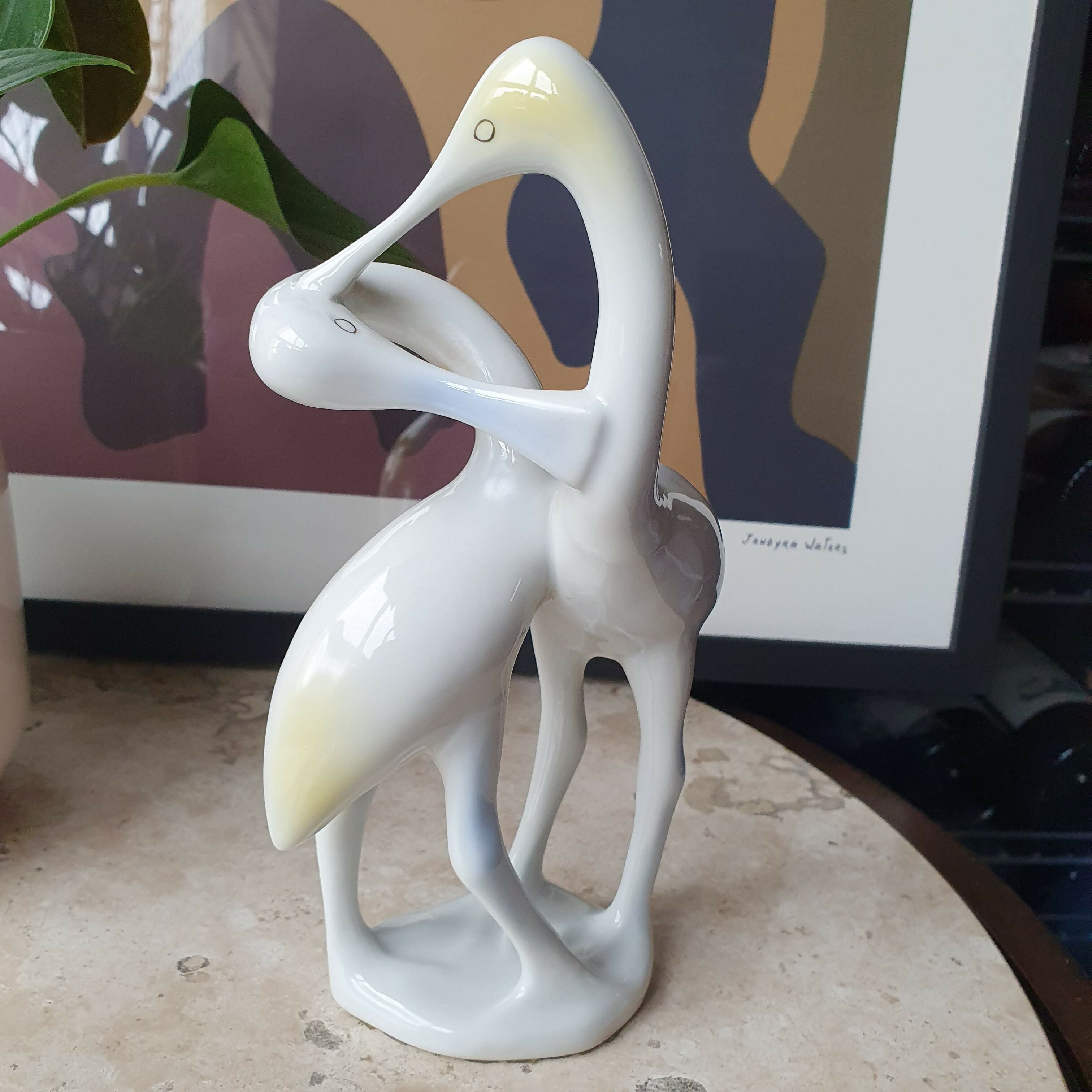 Escultura em porcelana Hollohaza de Flamingos Art Decó