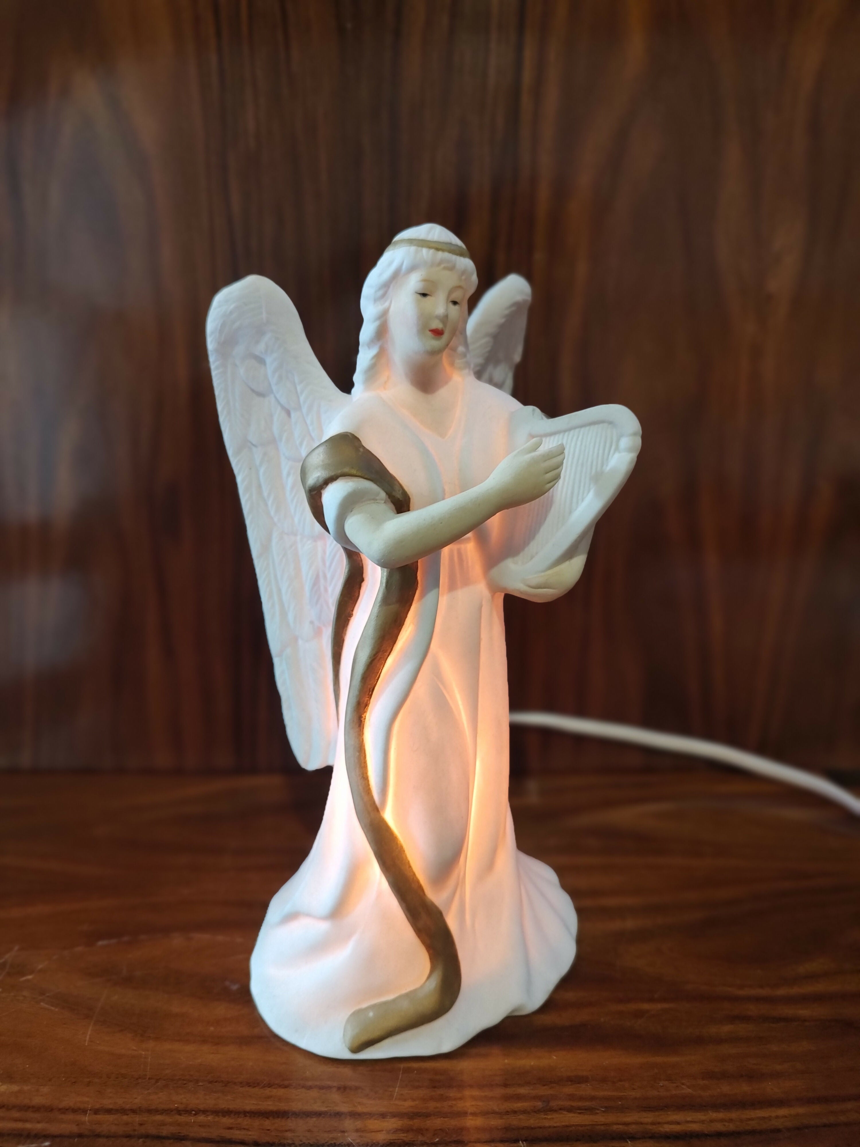 Antiga Luminária de Anjo com Harpa em Porcelana Biscuit - anos 90