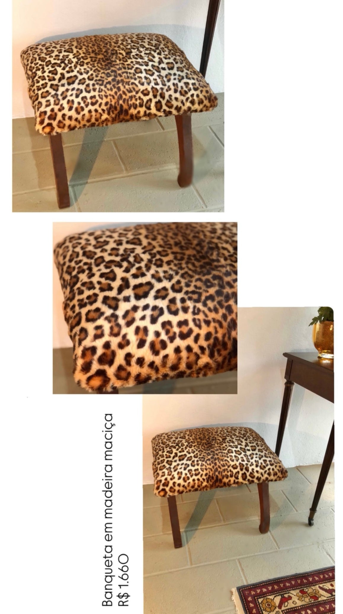 Banqueta de madeira com estofado de animal print (onça)