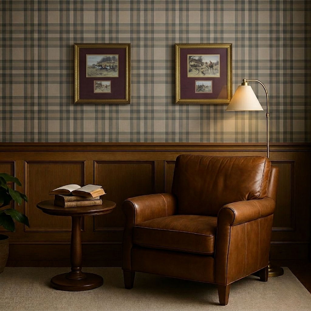 Elegante par de quadros estilo inglês com fundo cor de vinho e moldura dourada 