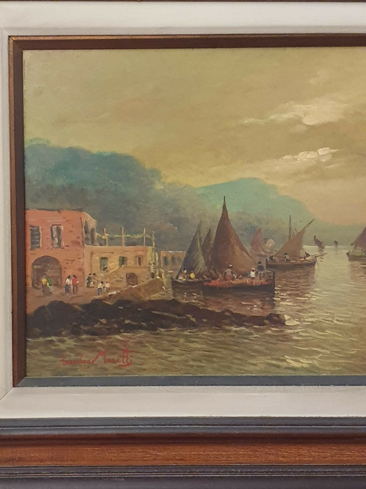 Quadro, pintura a óleo sobre madeira " Villaggio di Pescatori" de Sandro Moretti. Pintura linda e impecável!