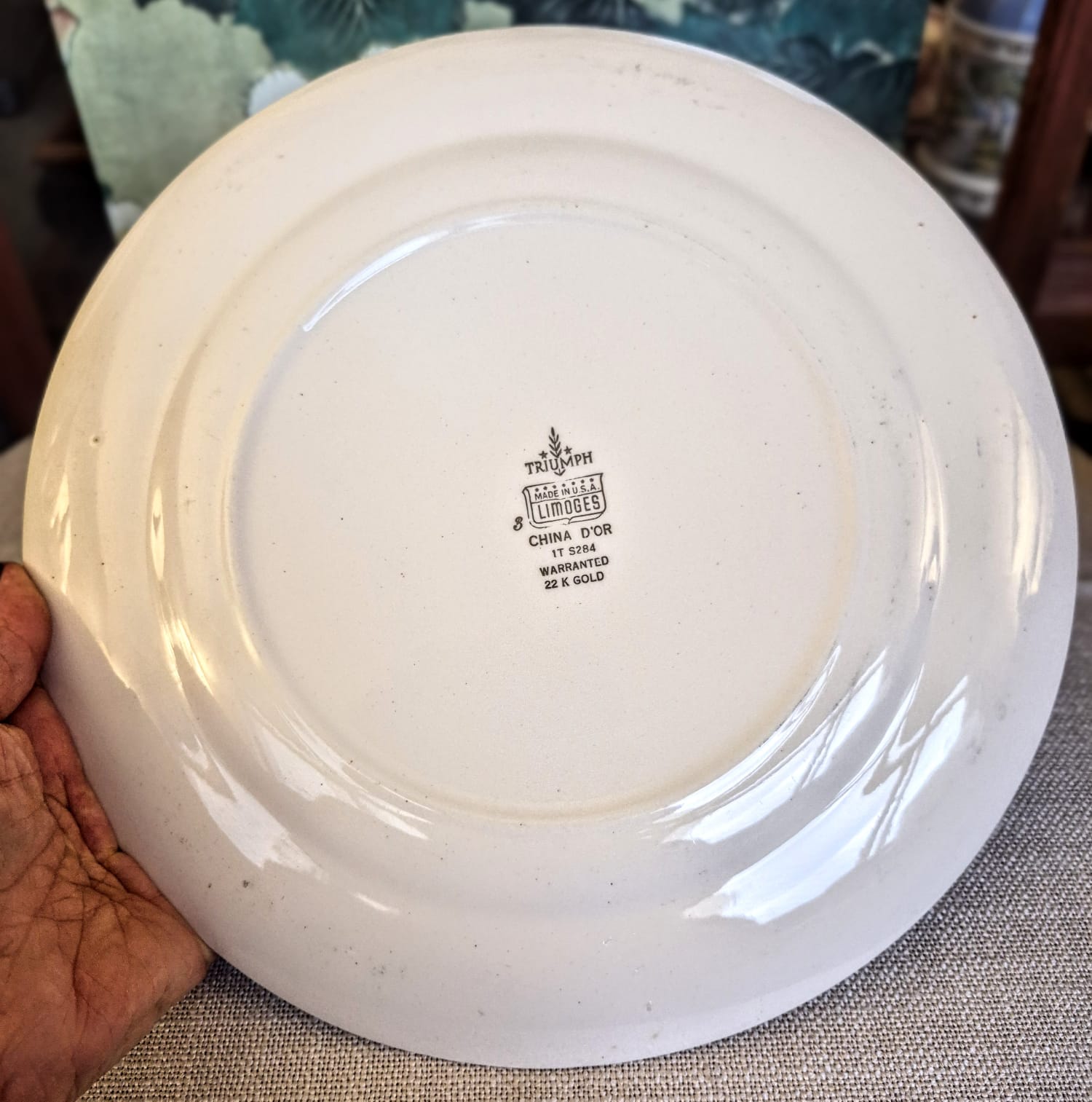 Prato raso em porcelana vintage Limoges (p/ usa) com cena galante na reserva central e barrado com profusa douração à ouro 22K