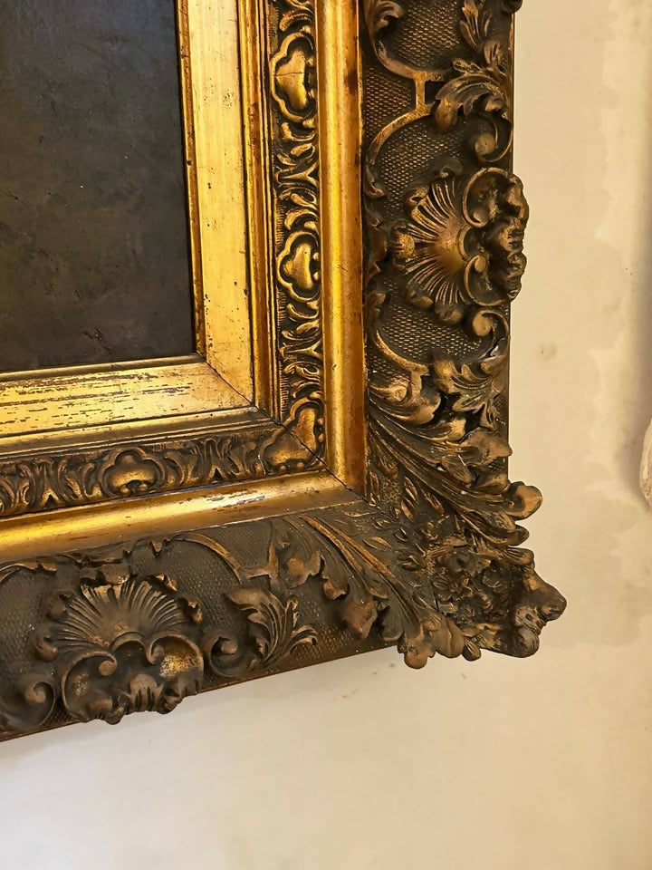 Quadro Antigo – Bela Paisagem de Antuérpia – Moldura Ricamente Trabalhada