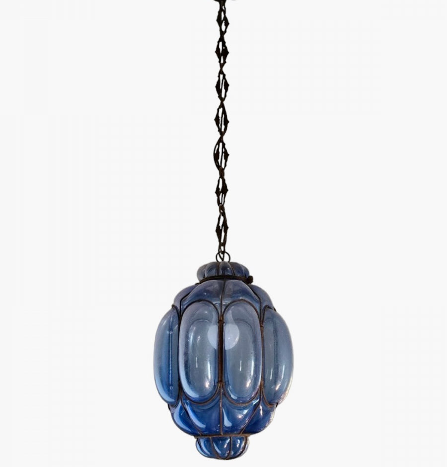 Grande Lustre Luminária Pendente Bombê Vidro Soprado Azul