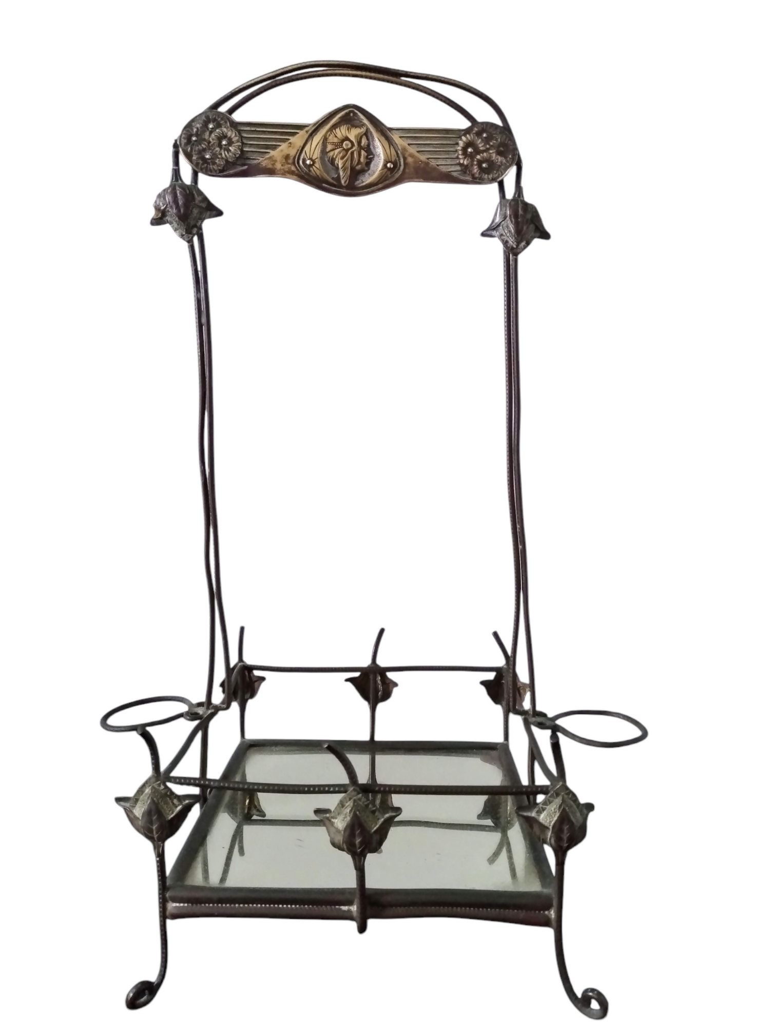 AUTÊNTICO PORTA-LICOREIRA ART NOUVEAU, CORPO EM METAL E BASE EM ESPELHO